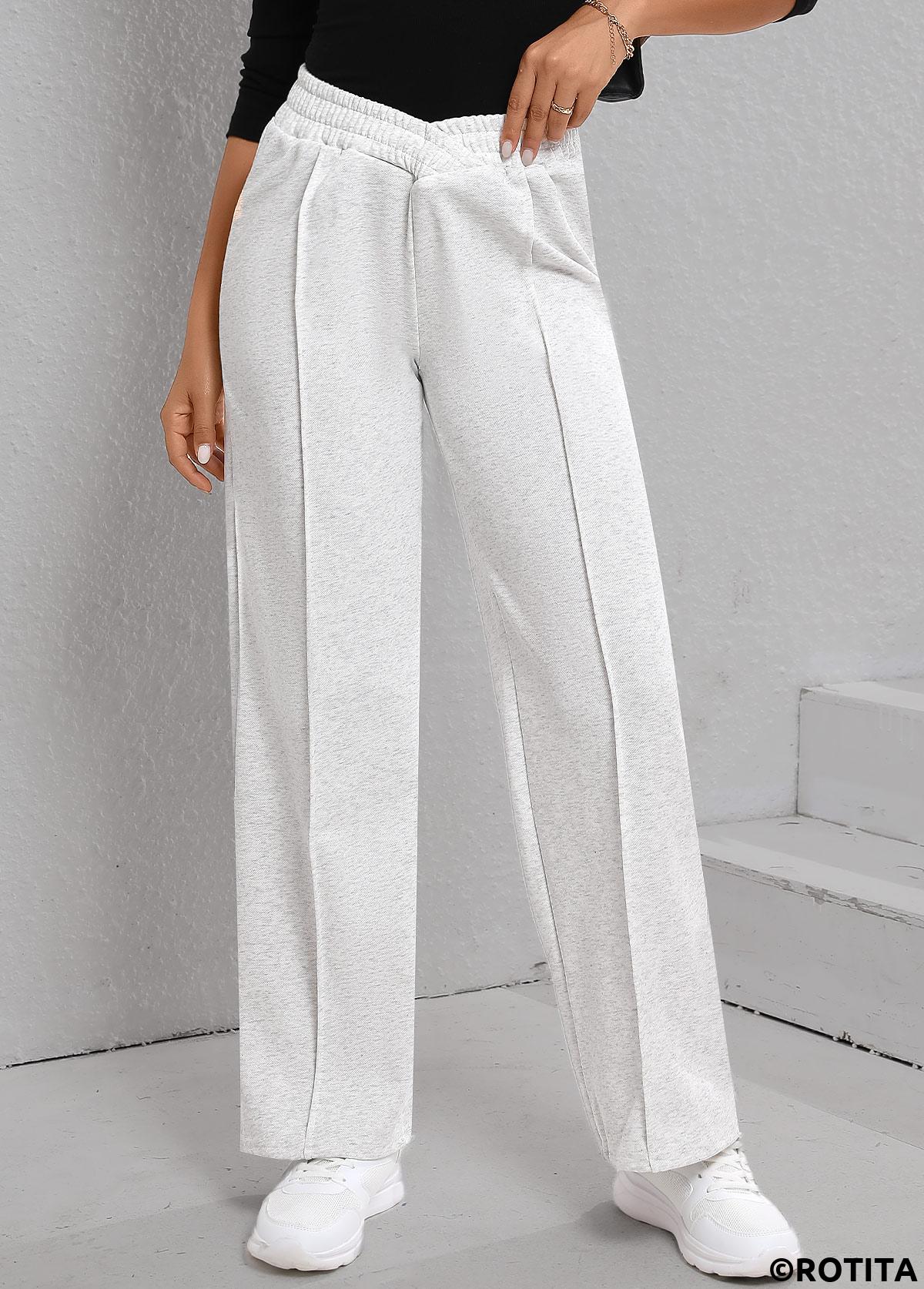 Light Grey bottoms,Plain Color bottoms,Patchwork Light Grey Elastic Waist High Waisted Pants
