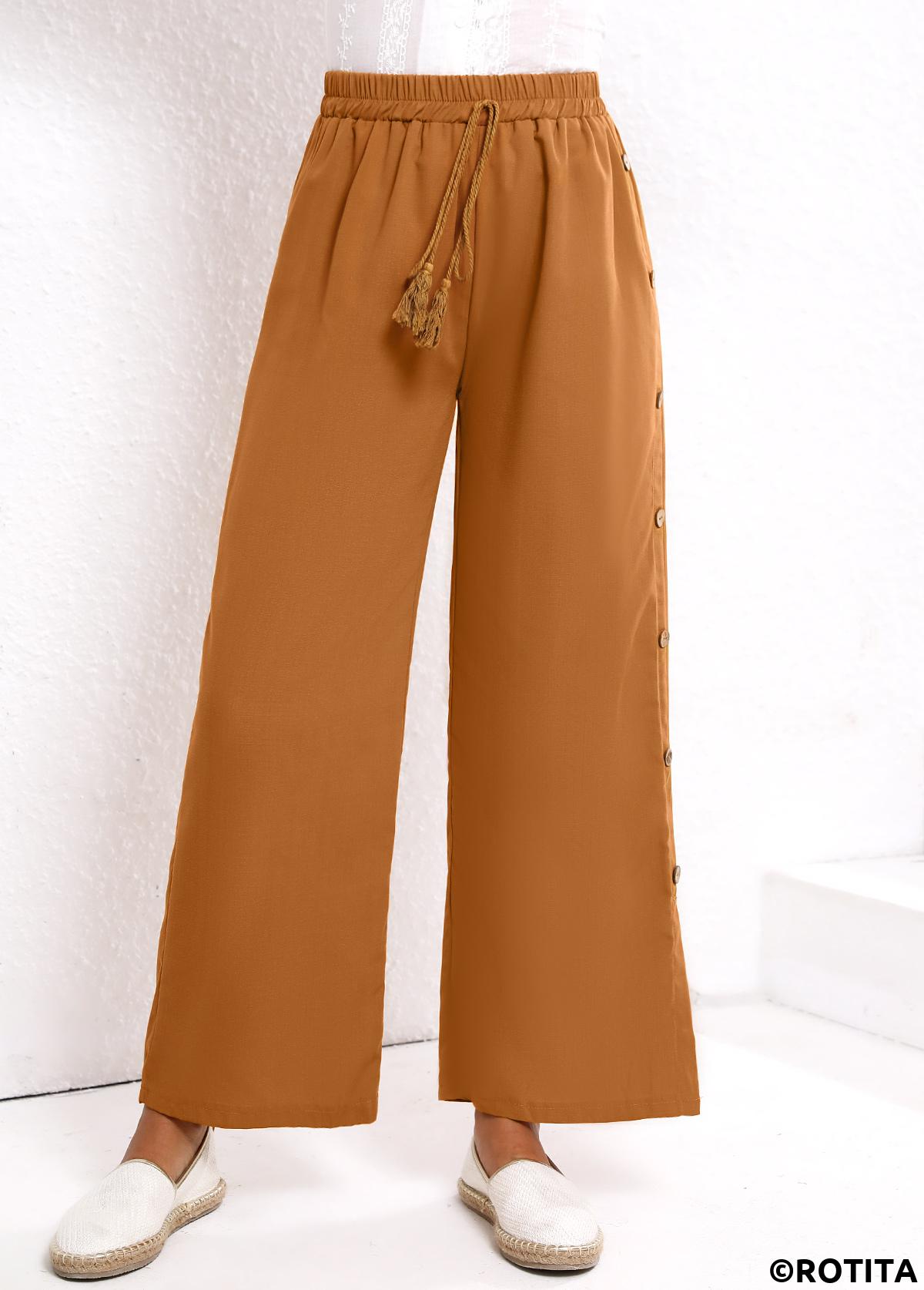 Dark Camel bottoms,Plain Color bottoms,Button Dark Camel Elastic Waist High Waisted Pants