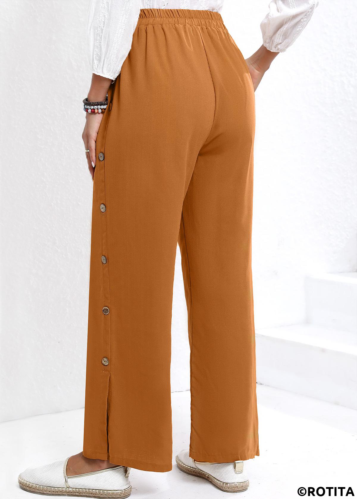 Dark Camel bottoms,Plain Color bottoms,Button Dark Camel Elastic Waist High Waisted Pants
