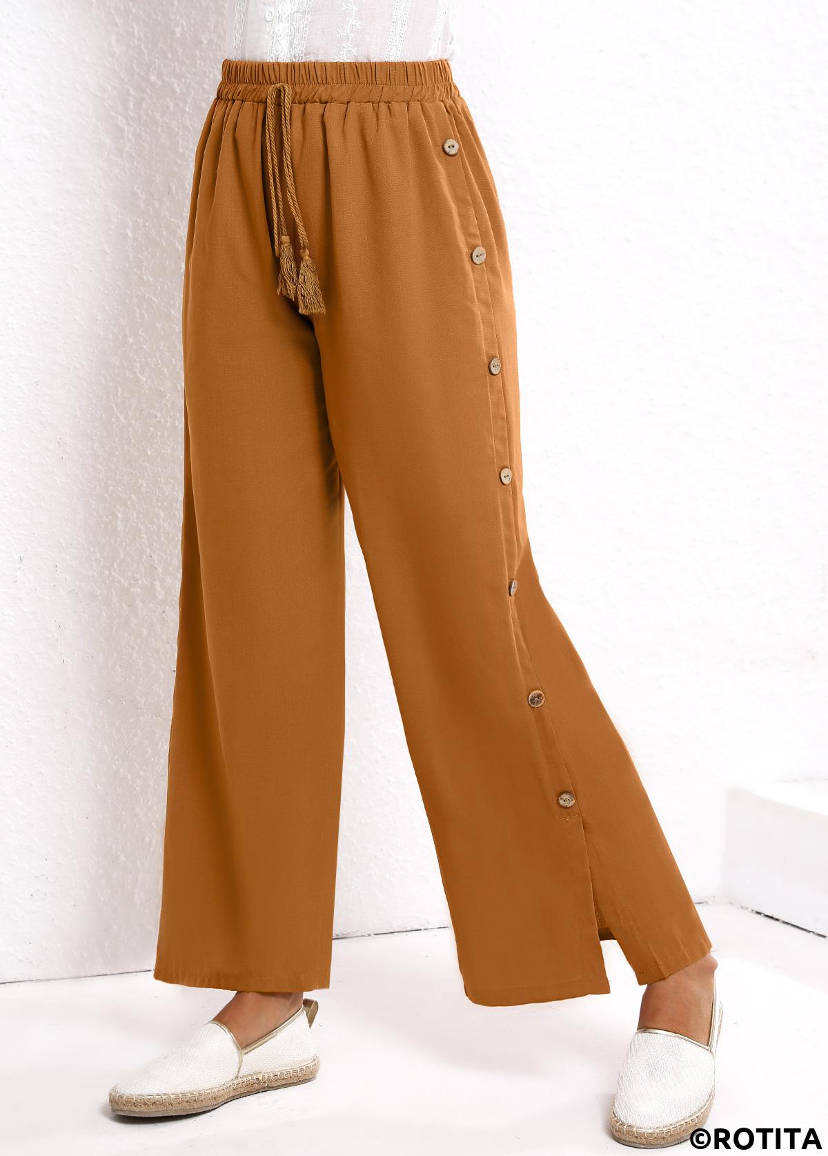 Dark Camel bottoms,Plain Color bottoms,Button Dark Camel Elastic Waist High Waisted Pants