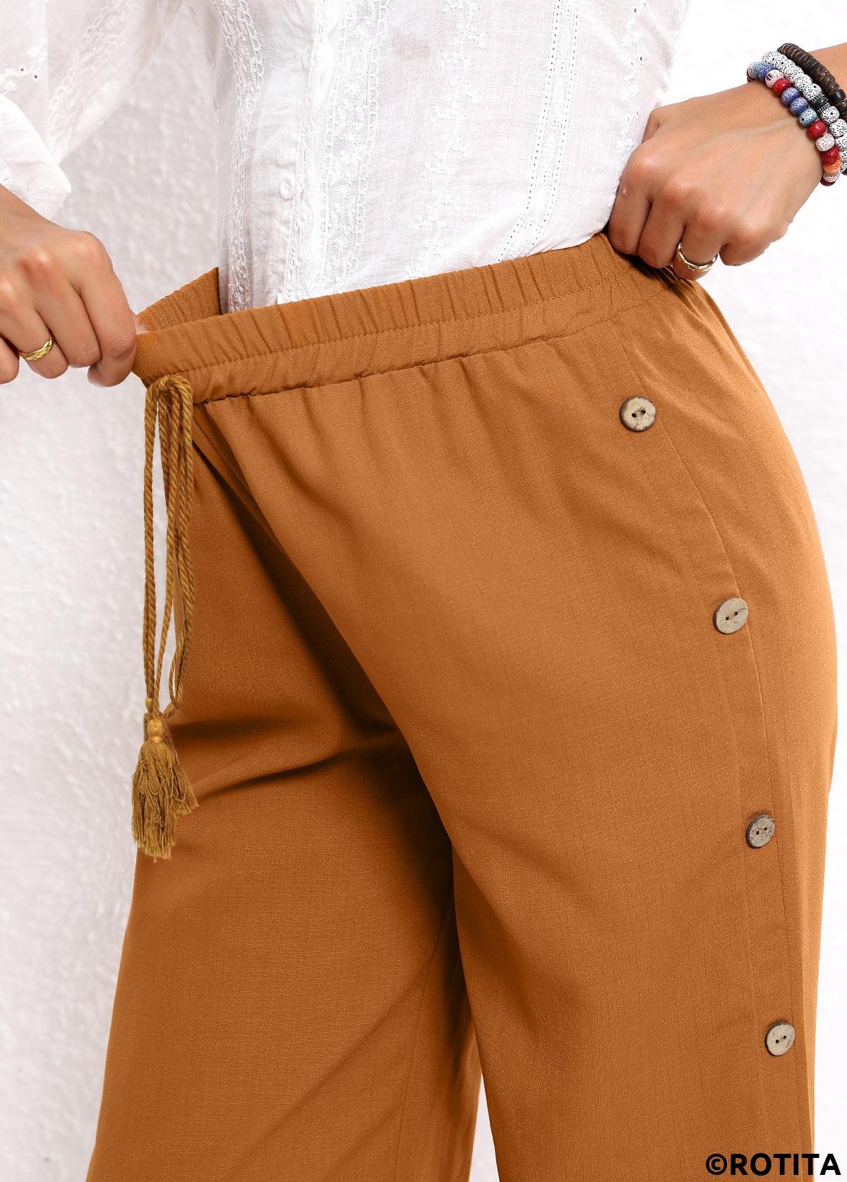 Dark Camel bottoms,Plain Color bottoms,Button Dark Camel Elastic Waist High Waisted Pants