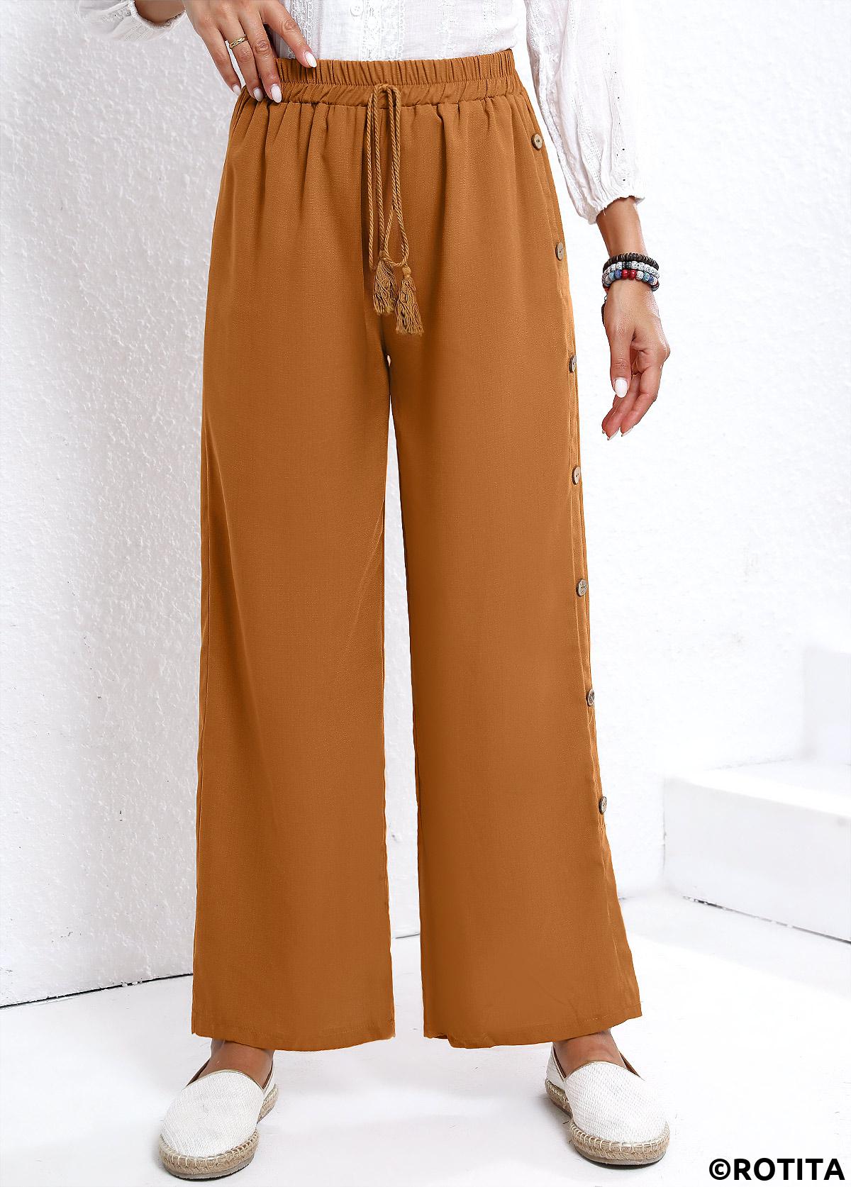 Dark Camel bottoms,Plain Color bottoms,Button Dark Camel Elastic Waist High Waisted Pants