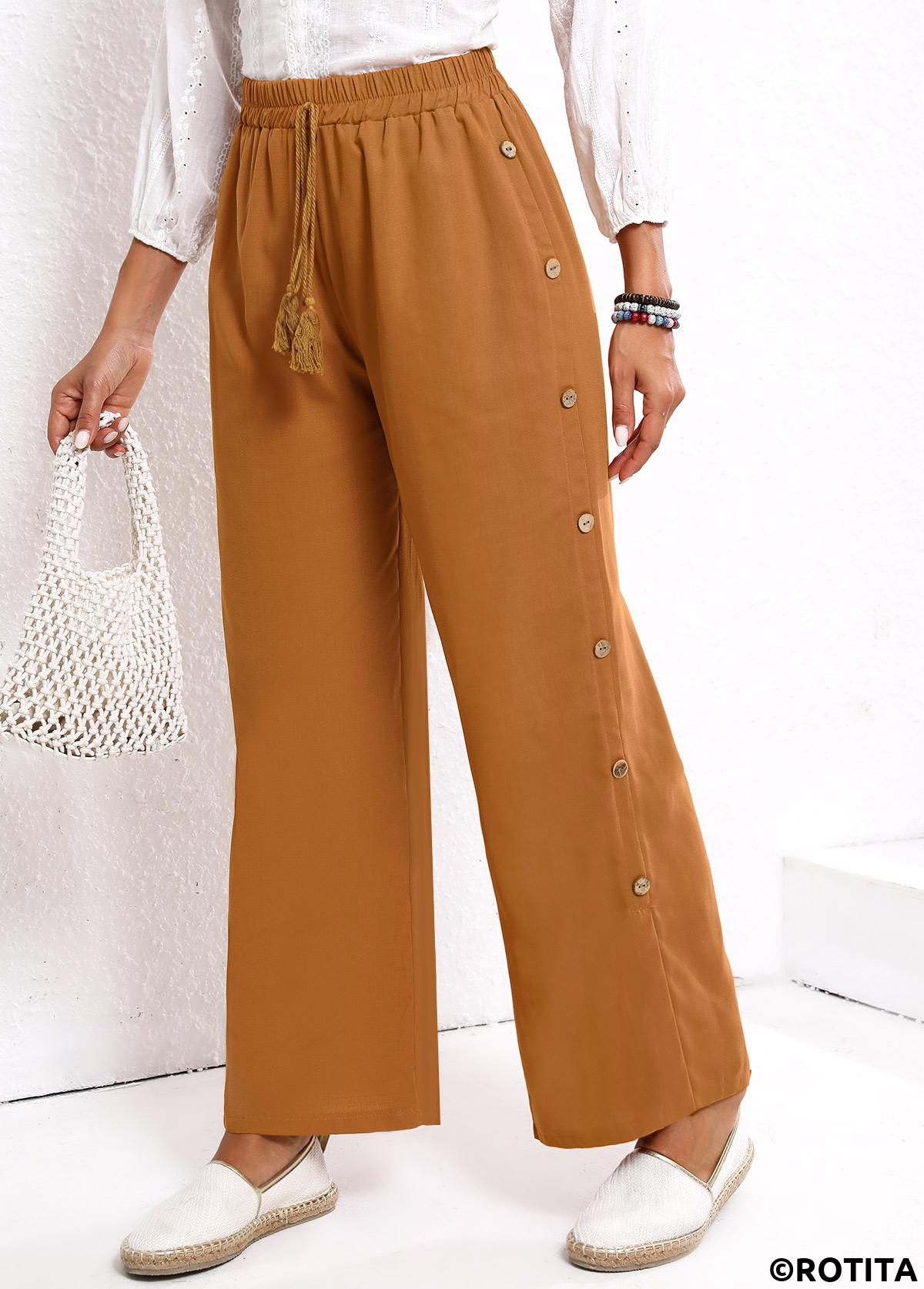 Dark Camel bottoms,Plain Color bottoms,Button Dark Camel Elastic Waist High Waisted Pants