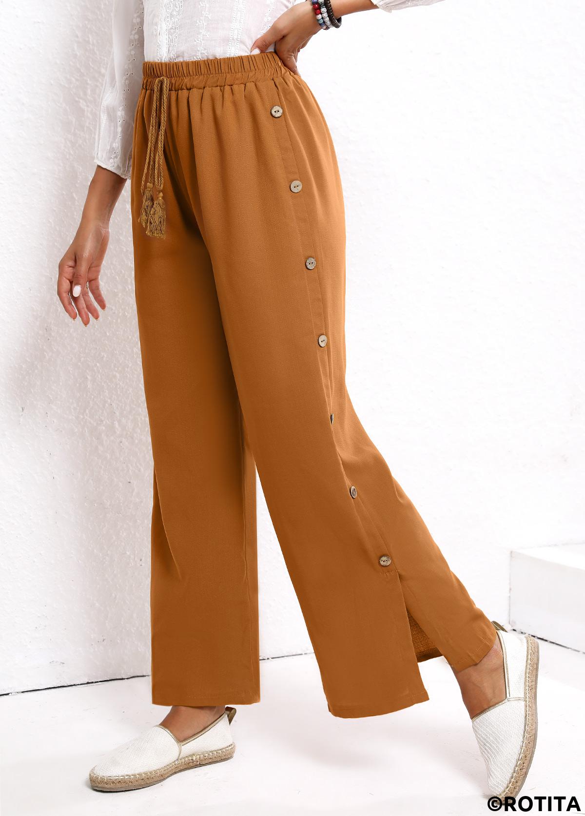 Dark Camel bottoms,Plain Color bottoms,Button Dark Camel Elastic Waist High Waisted Pants