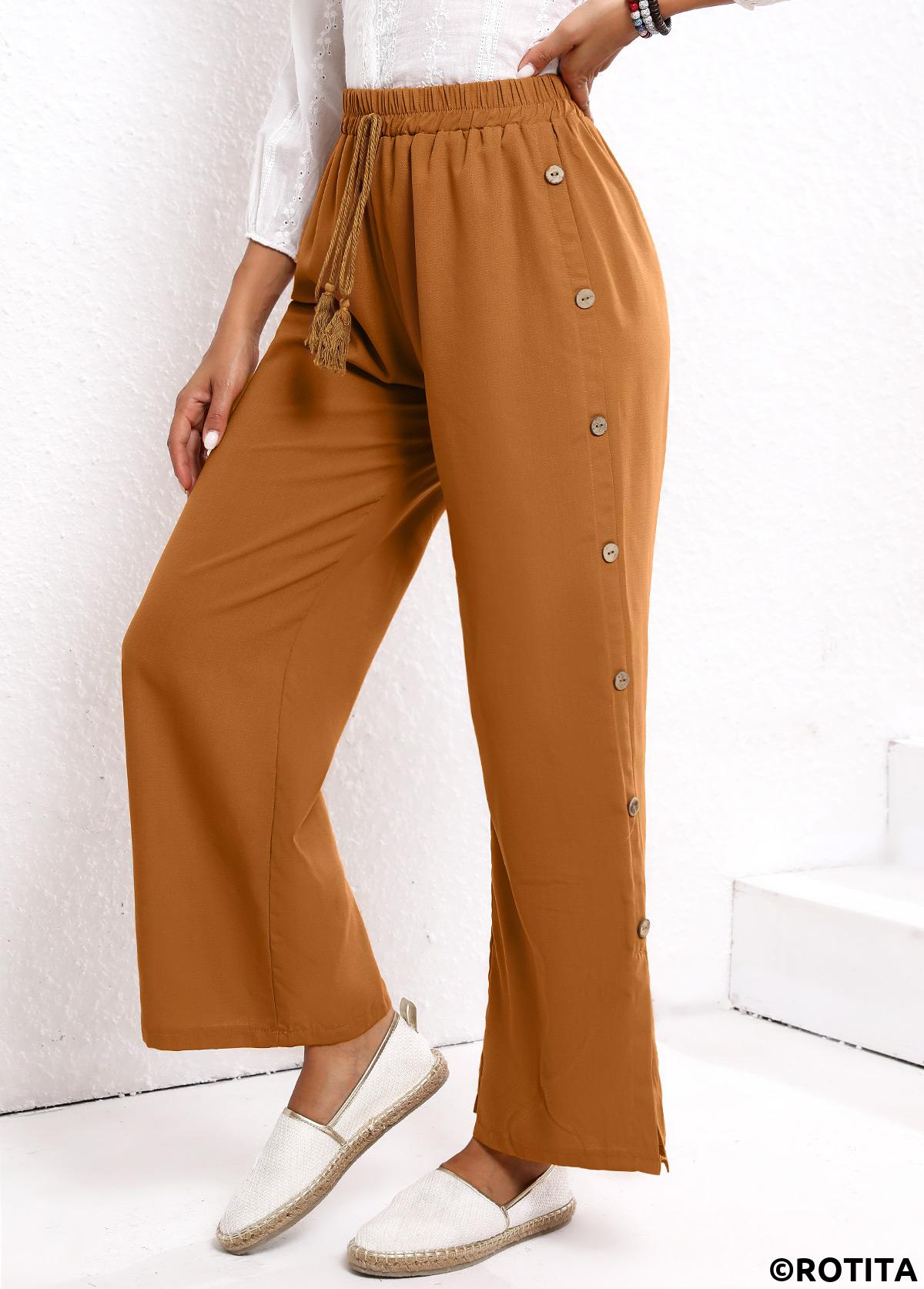Dark Camel bottoms,Plain Color bottoms,Button Dark Camel Elastic Waist High Waisted Pants