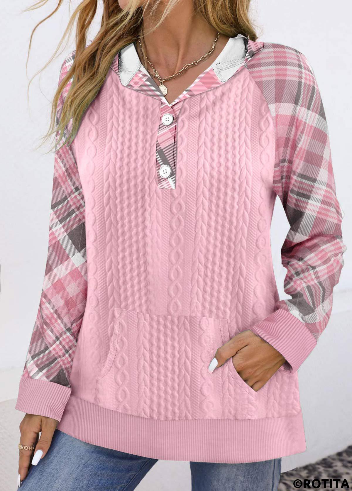Pink tops,Plaid tops,Striped tops,Geometric tops,ROTITA Button Plaid Pink Long Sleeve Hoodie