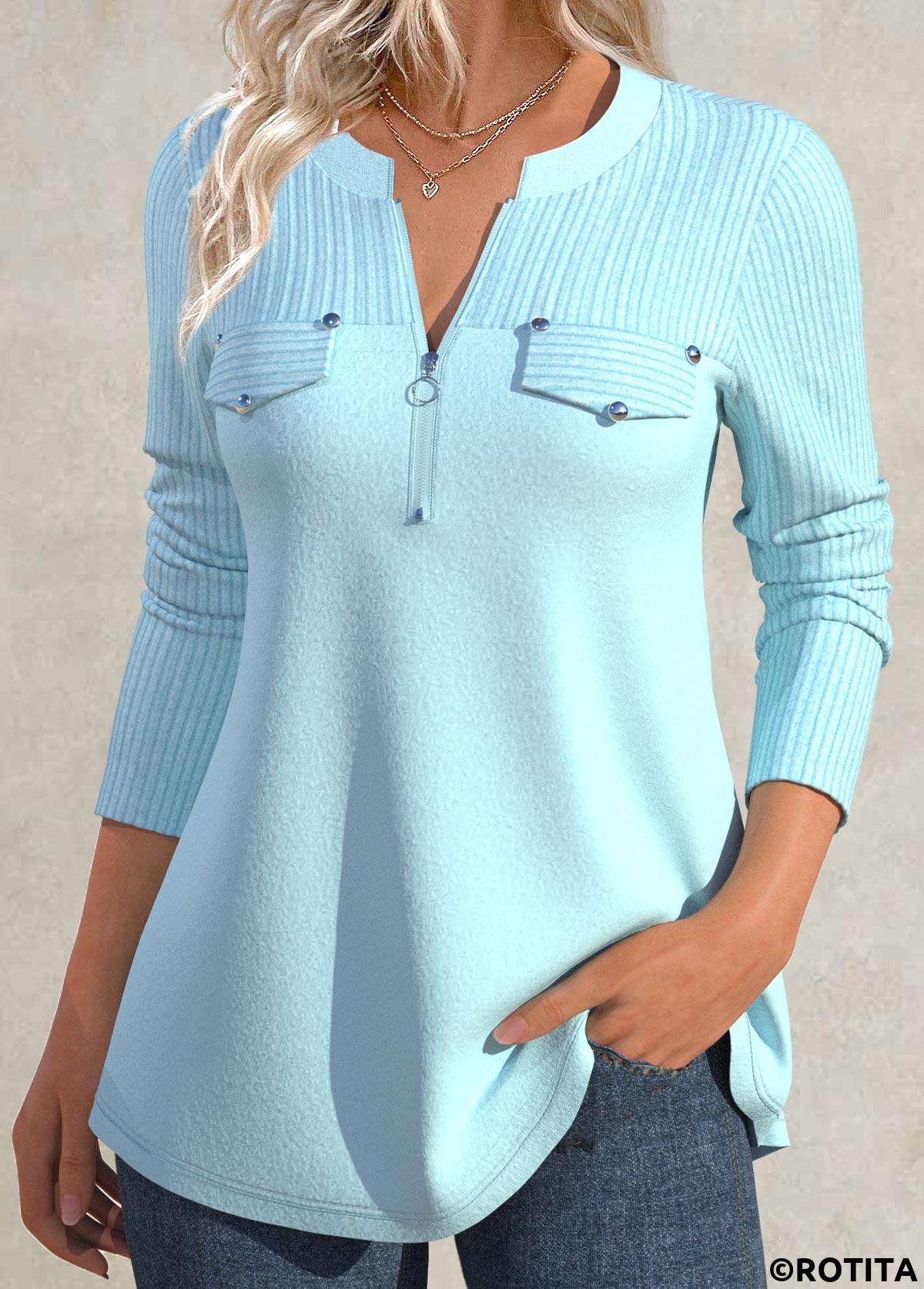 Mint Green tops,Plain Color tops,ROTITA Zipper Mint Green Split Neck Long Sleeve Shirt