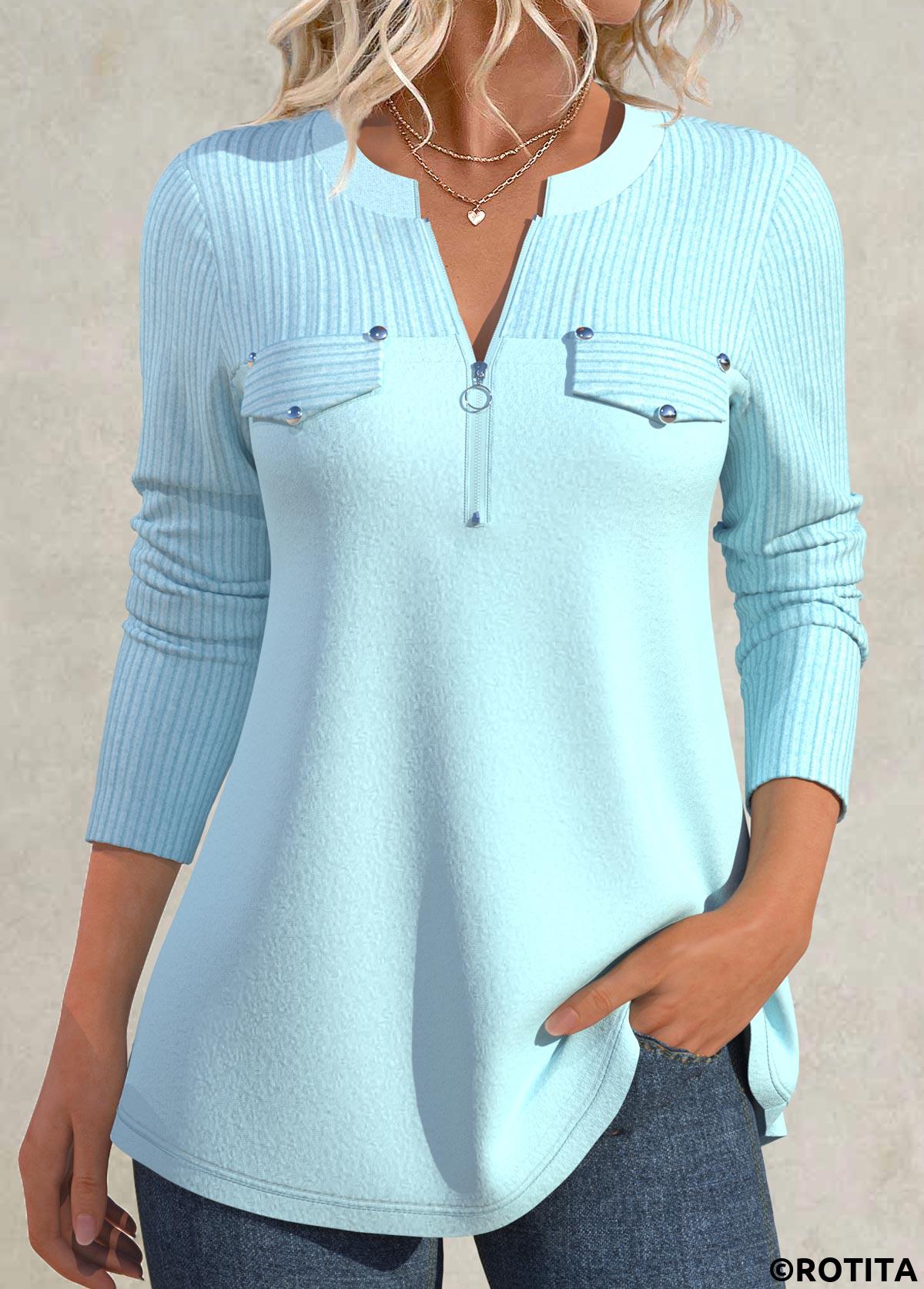 Mint Green tops,Plain Color tops,ROTITA Zipper Mint Green Split Neck Long Sleeve Shirt