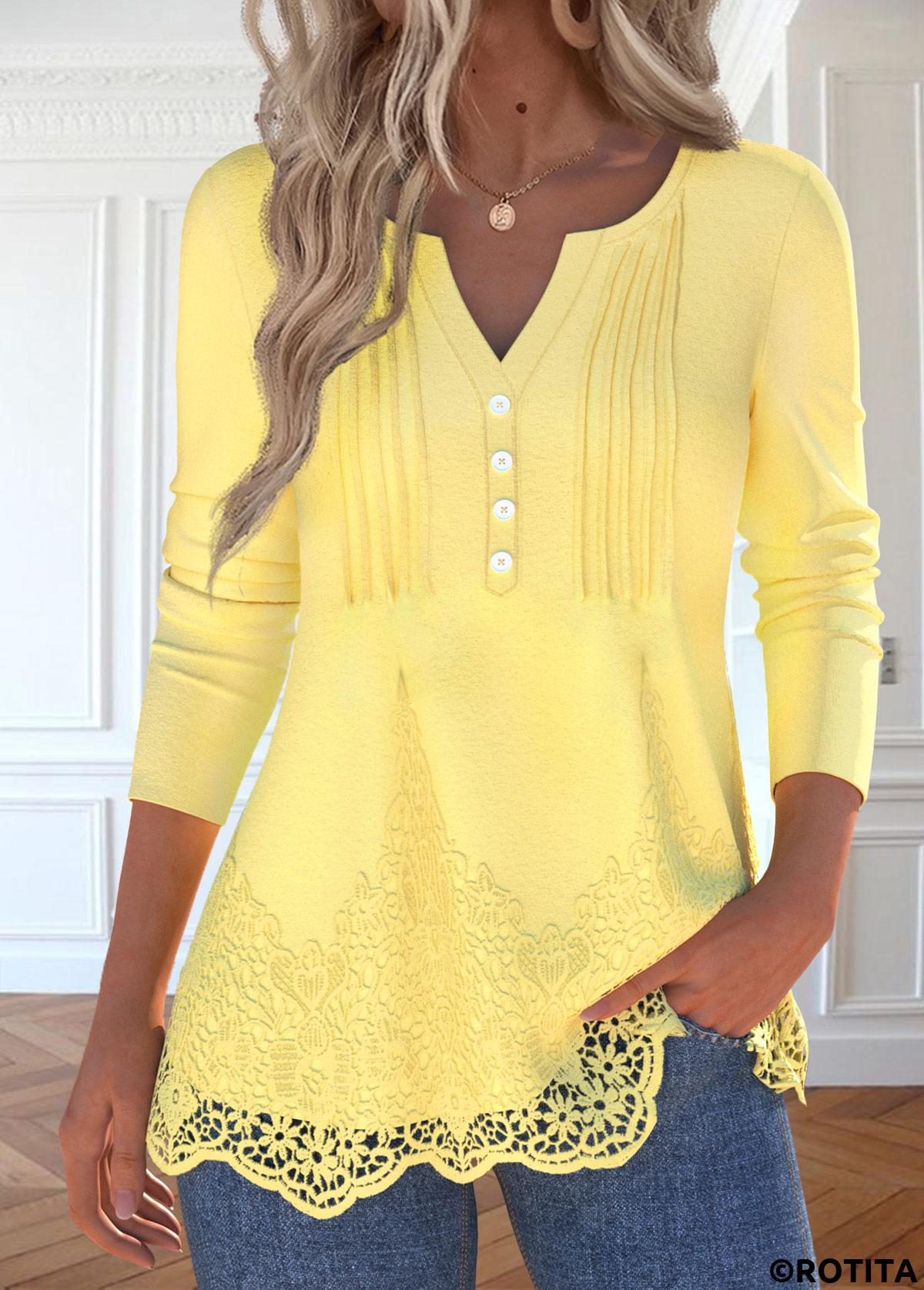 Light Yellow plus size,Plain Color plus size,ROTITA Plus Size Embroidery Light Yellow Split Neck T Shirt