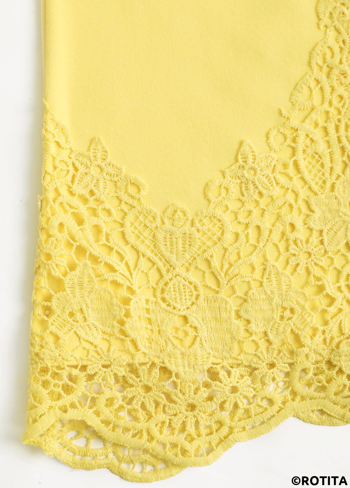 Light Yellow plus size,Plain Color plus size,ROTITA Plus Size Embroidery Light Yellow Split Neck T Shirt