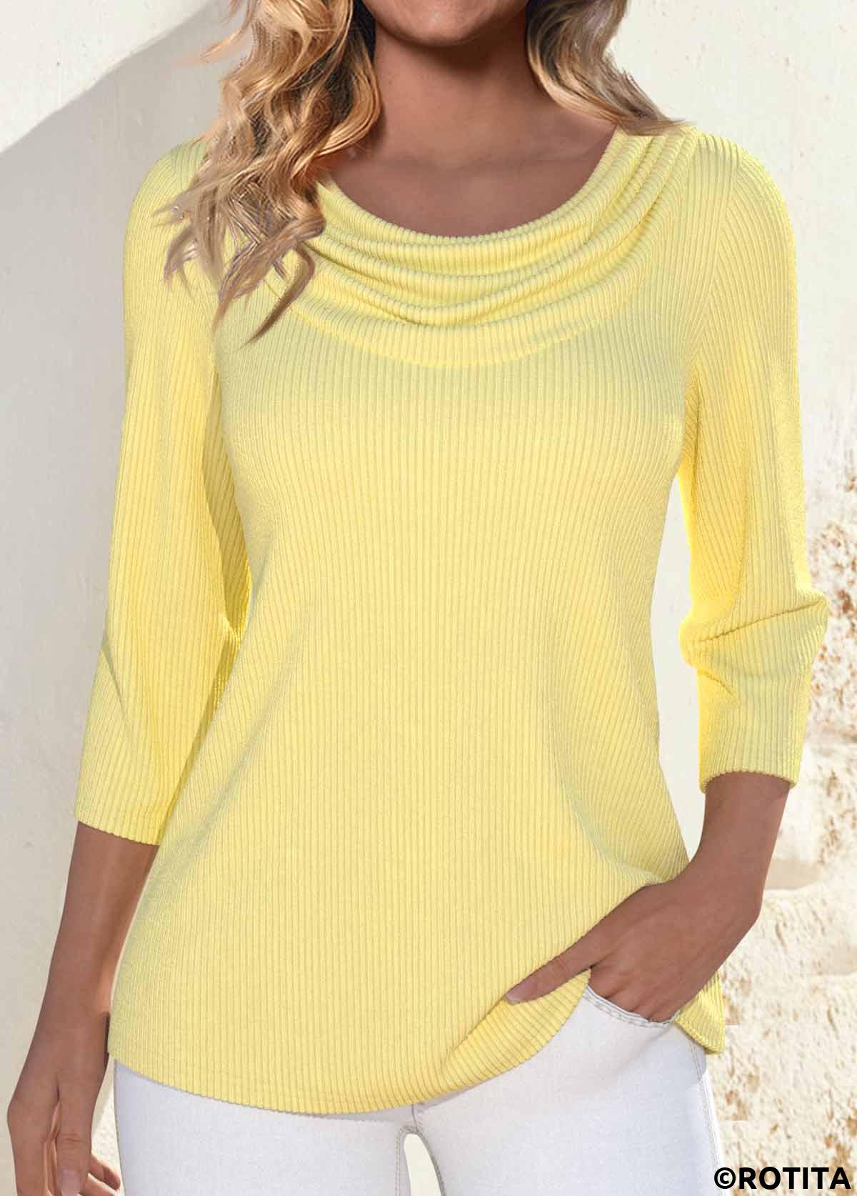 Light Yellow tops,Plain Color tops,ROTITA Light Yellow Draped Neck 3/4 Sleeve T Shirt