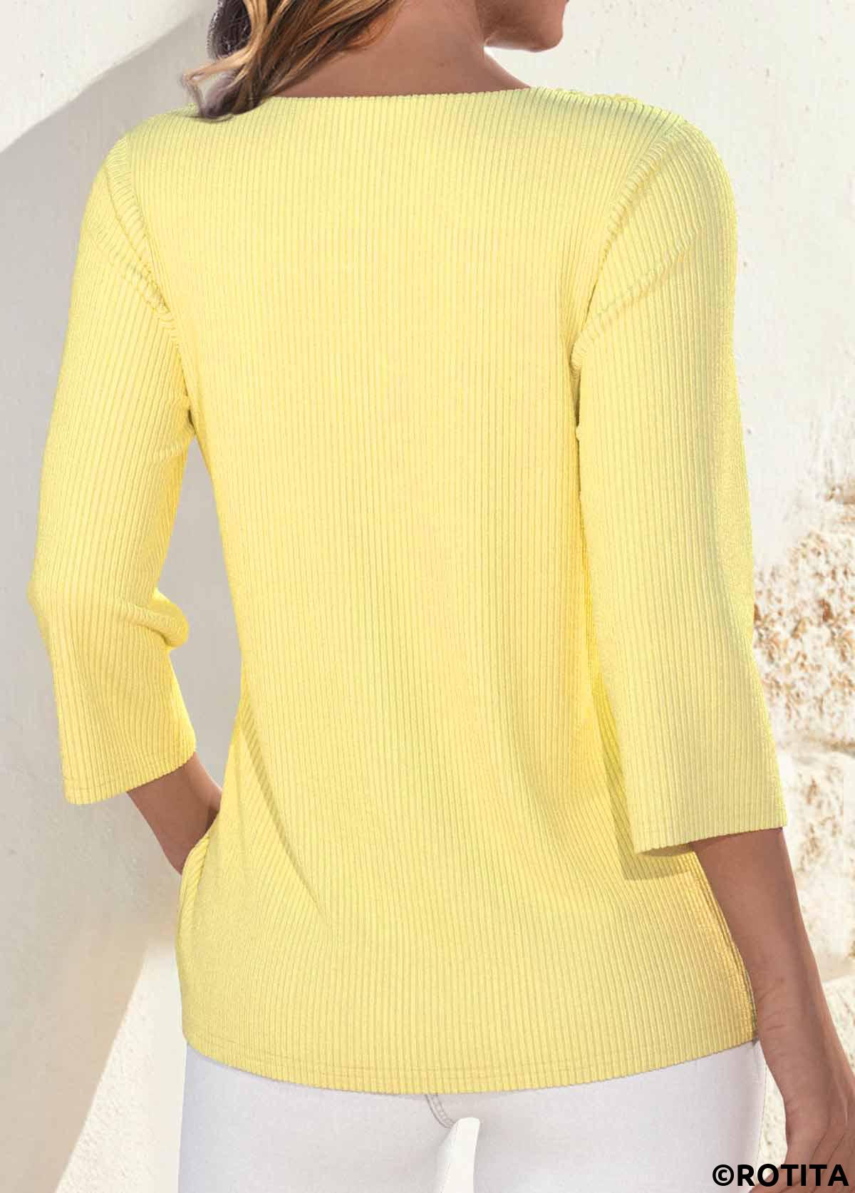 Light Yellow tops,Plain Color tops,ROTITA Light Yellow Draped Neck 3/4 Sleeve T Shirt