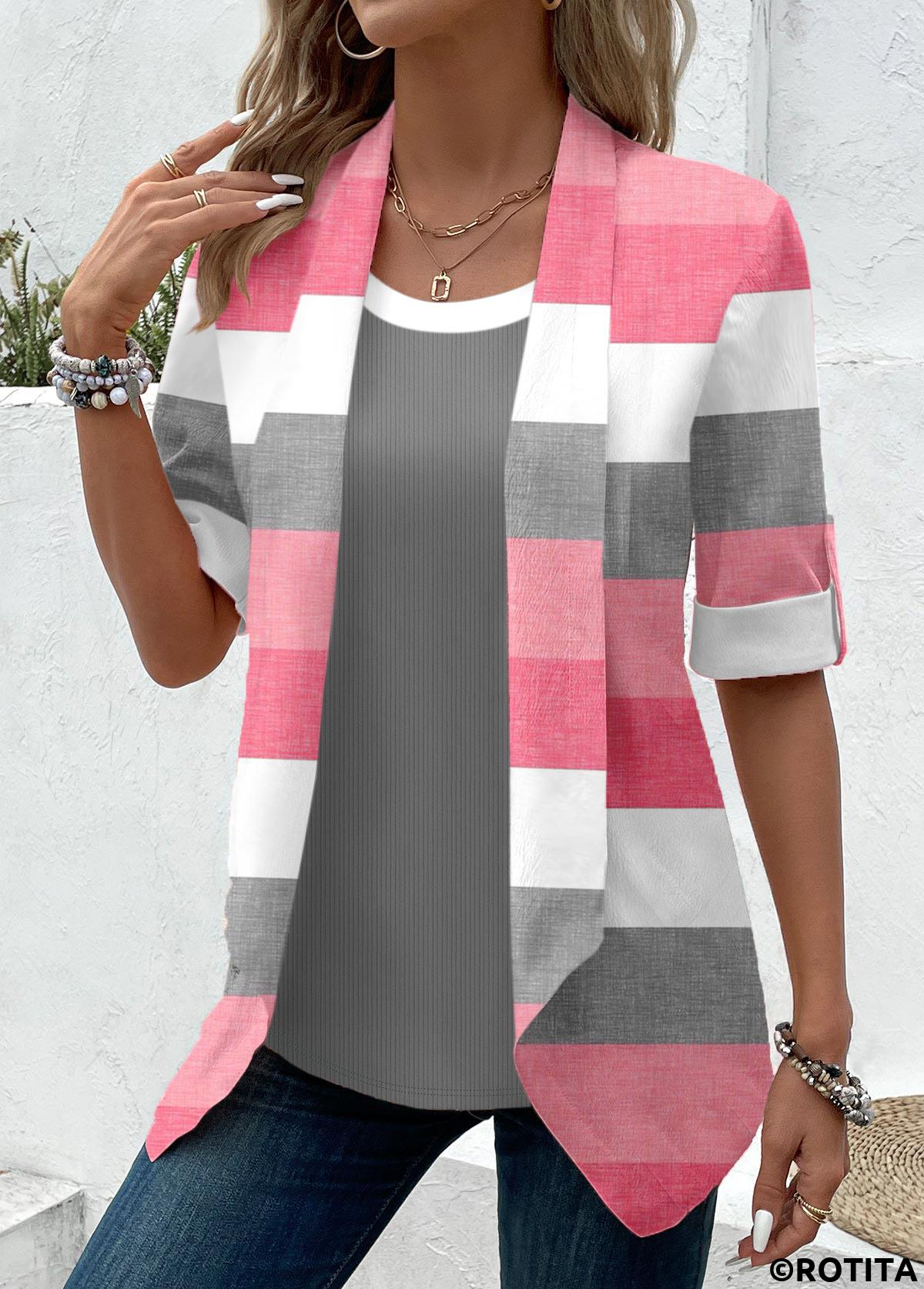 Pink tops,Striped tops,Geometric tops,ROTITA Fake 2in1 Striped Pink Square Neck T Shirt