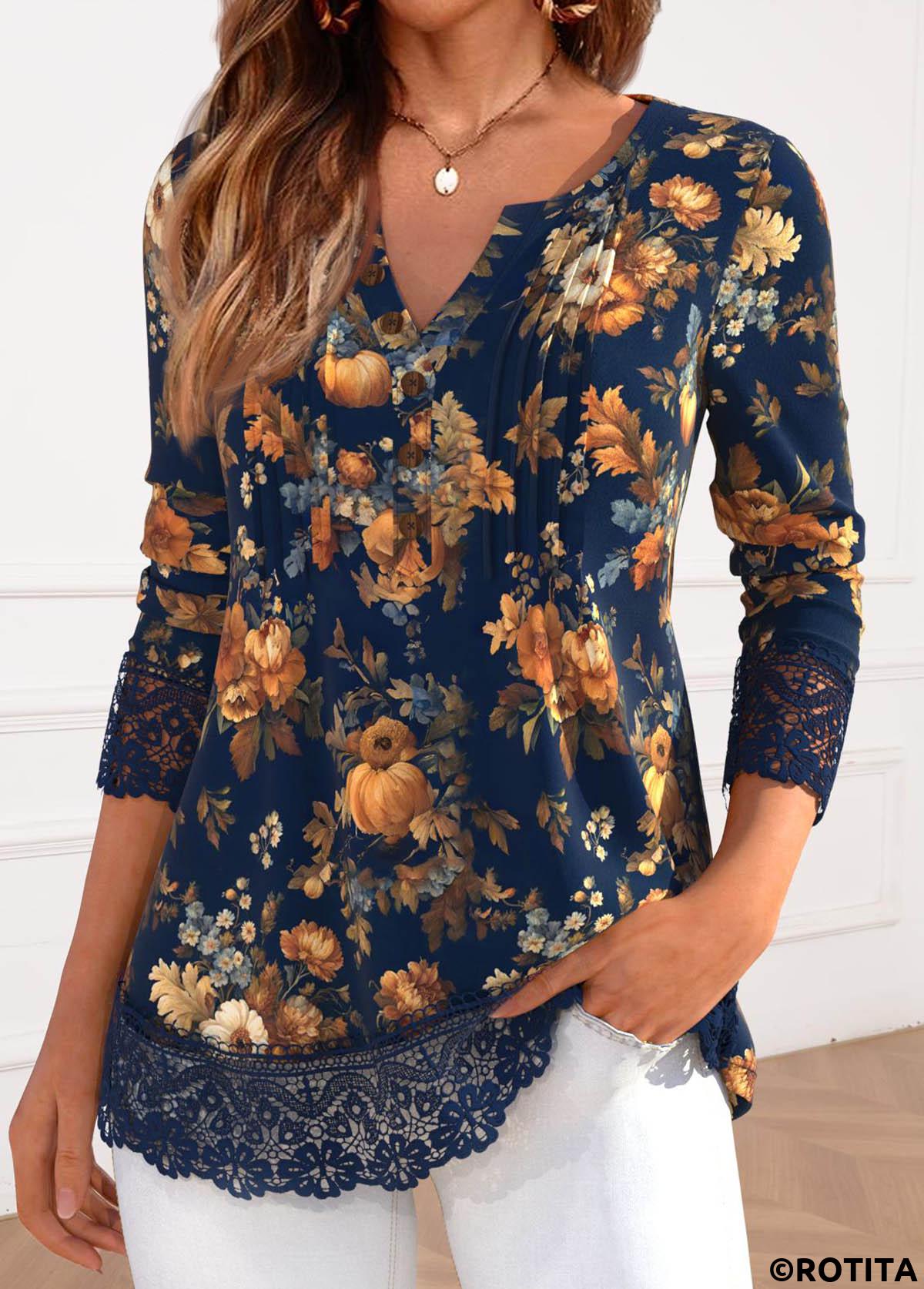 Navy tops,Halloween tops,Floral tops,Plants tops,ROTITA Lace Pumpkin Print Navy Split Neck T Shirt