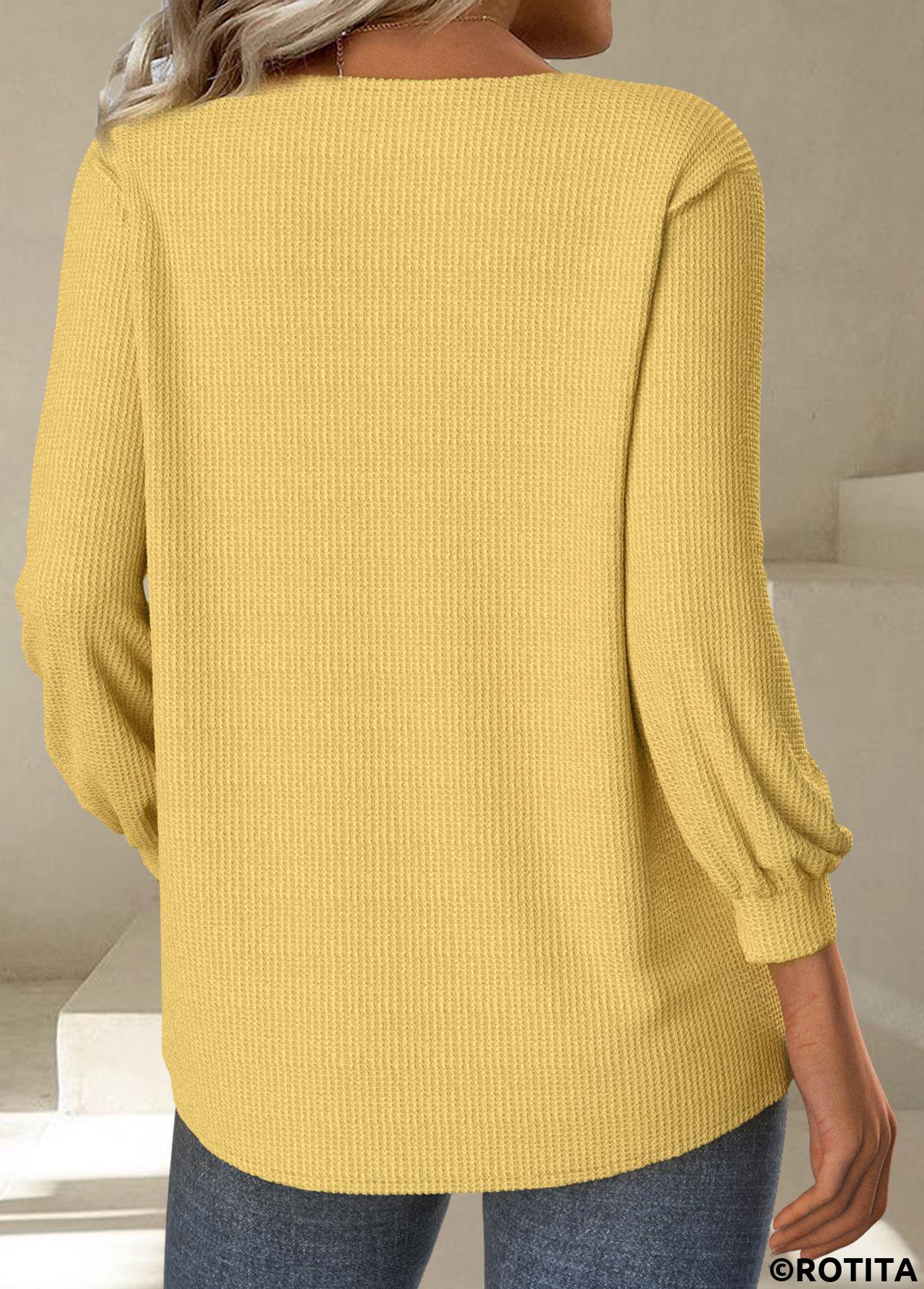 Yellow tops,Plain Color tops,ROTITA Embroidery Yellow Round Neck Long Sleeve T Shirt