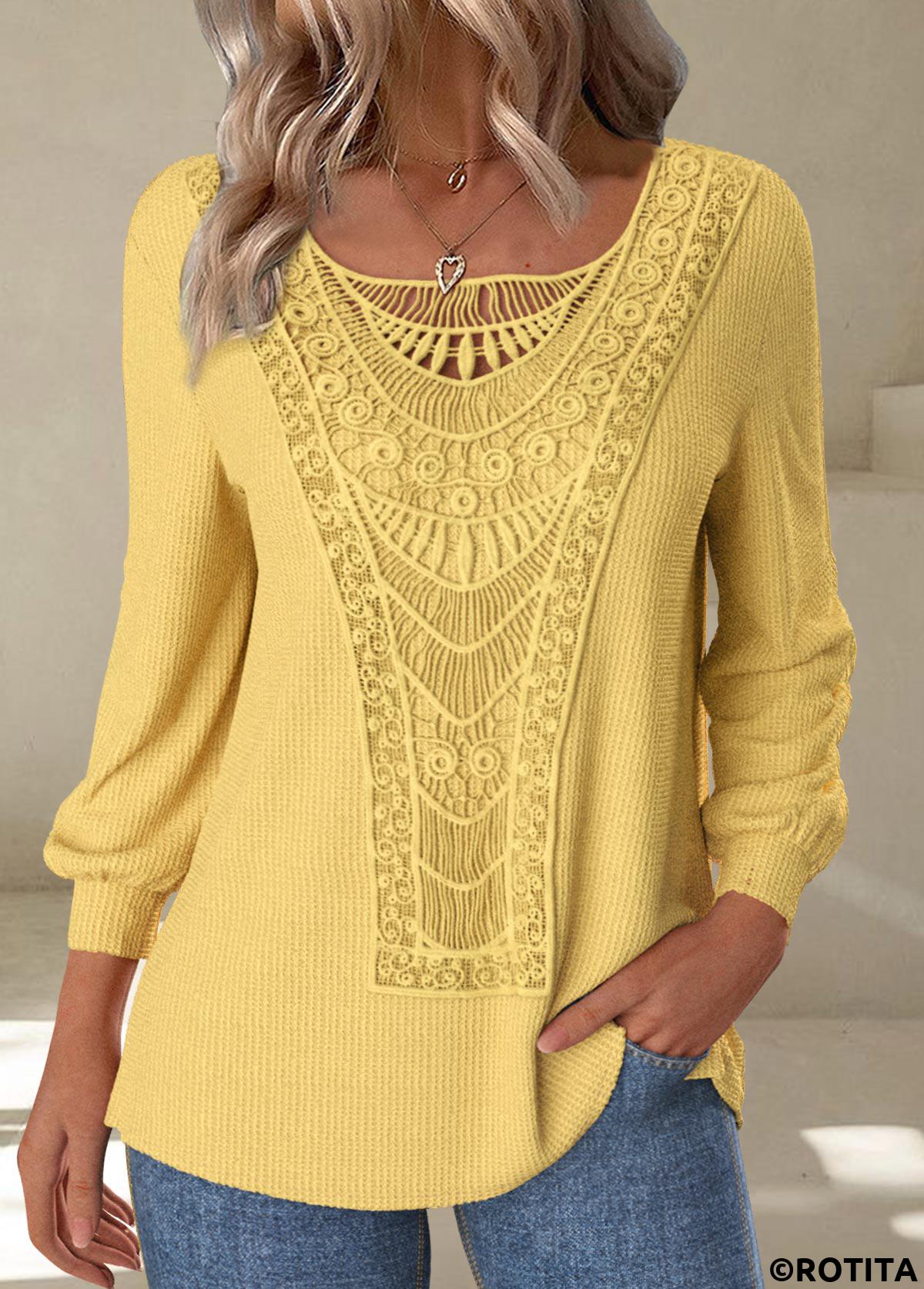 Yellow tops,Plain Color tops,ROTITA Embroidery Yellow Round Neck Long Sleeve T Shirt