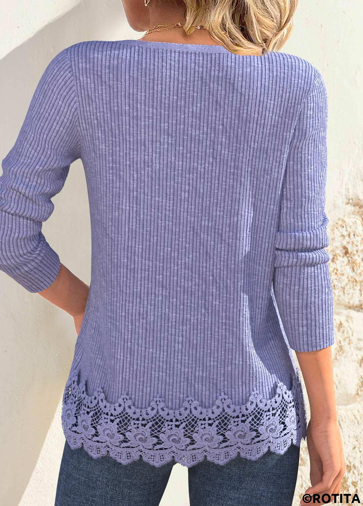 T-shirt à manches longues et col fendu violet poussiéreux avec broderie Rotita
