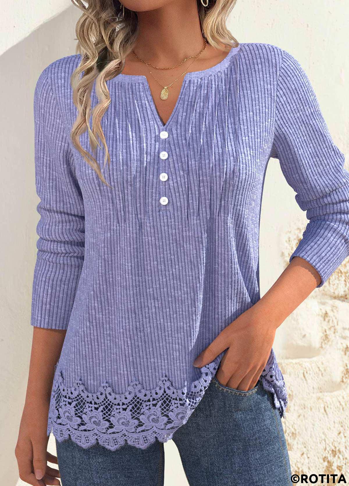 T-shirt à manches longues et col fendu violet poussiéreux avec broderie Rotita