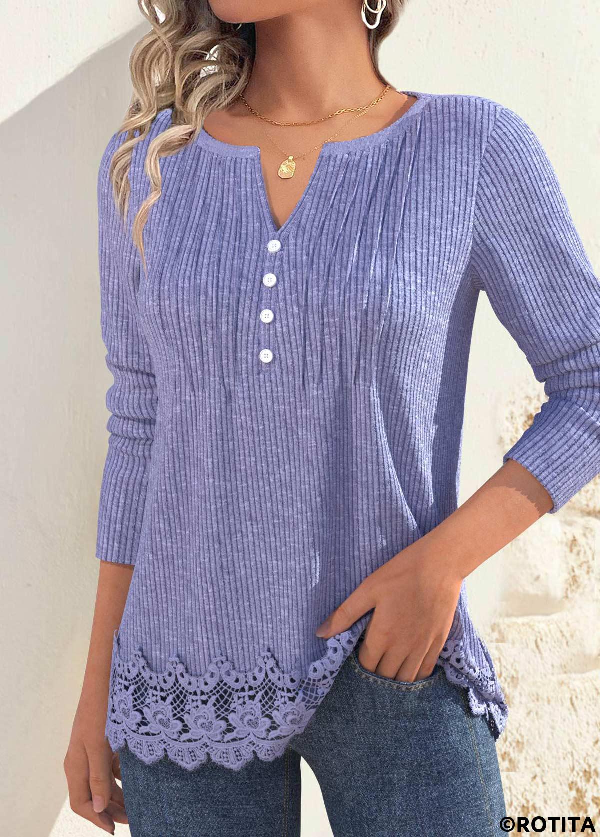 T-shirt à manches longues et col fendu violet poussiéreux avec broderie Rotita