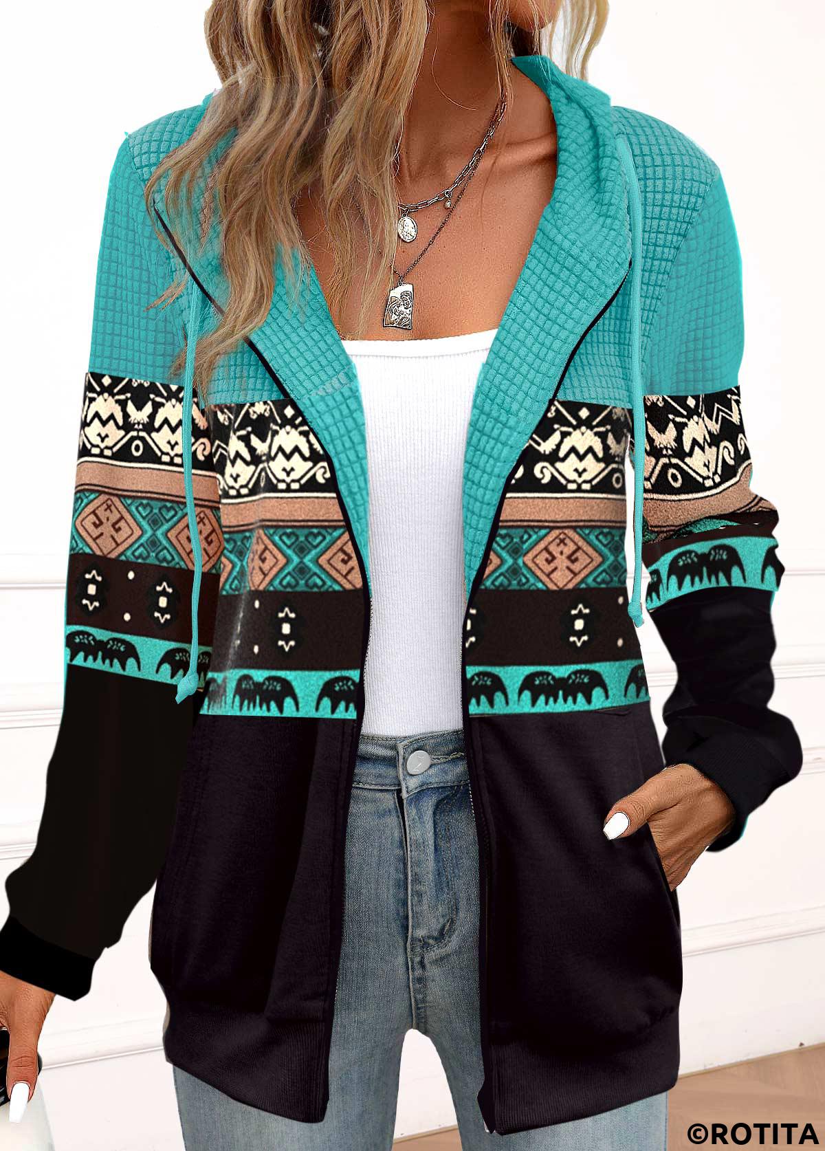 Rotita – Langärmliger Kapuzenpullover mit Patchwork-Tribal-Print in Pfauenblau