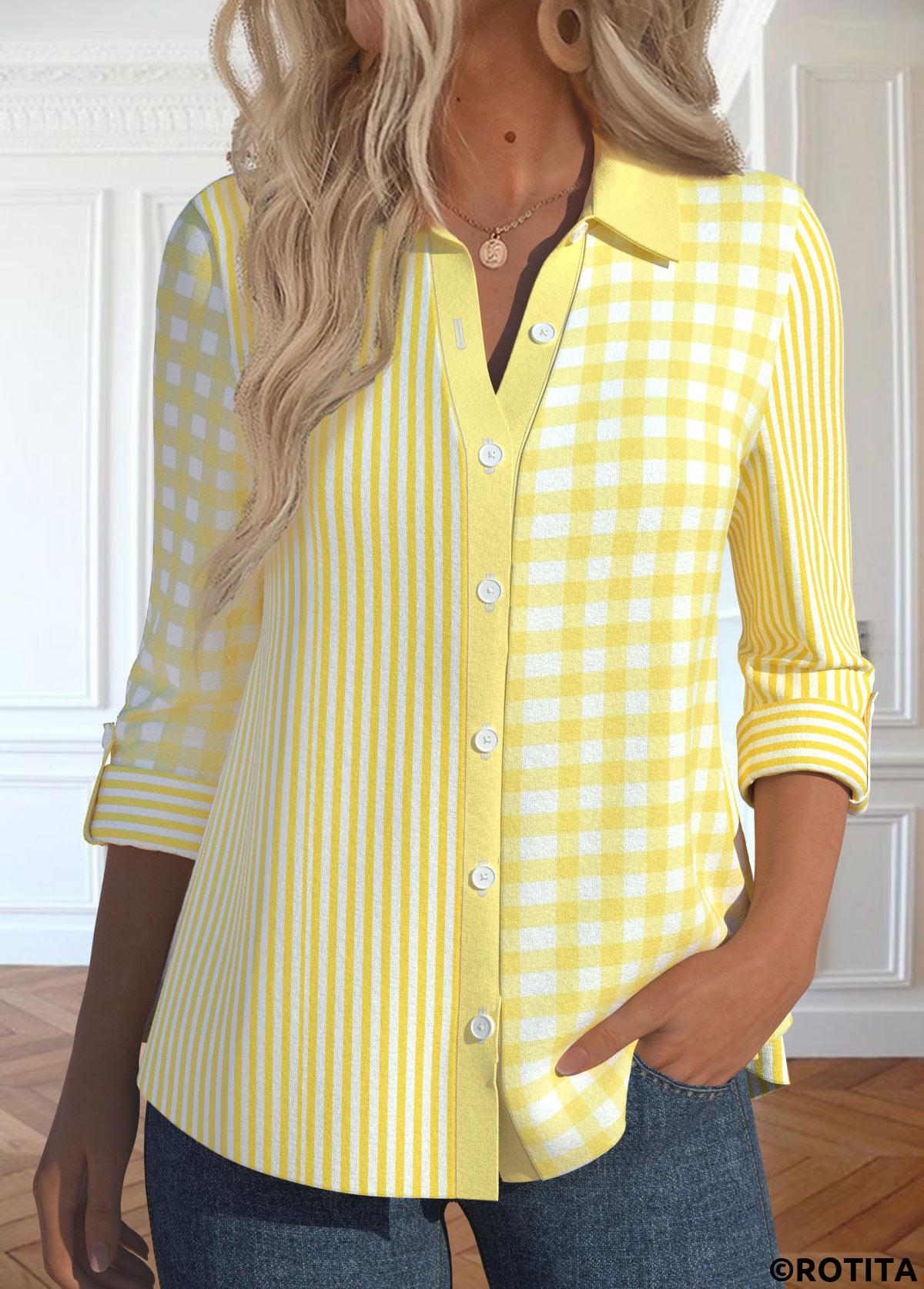 chemise à manches longues jaune clair à rayures patchwork rotita