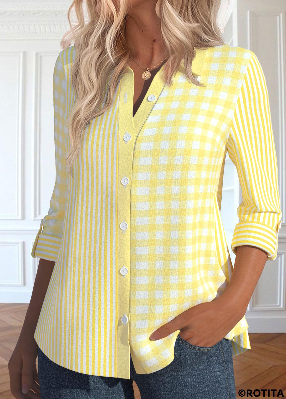 chemise à manches longues jaune clair à rayures patchwork rotita