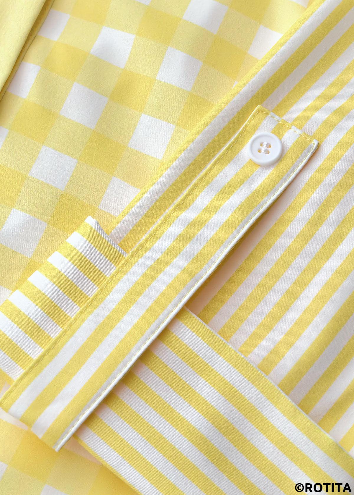 Light Yellow tops,Striped tops,Geometric tops,ROTITA Patchwork Striped Light Yellow Long Sleeve Shirt