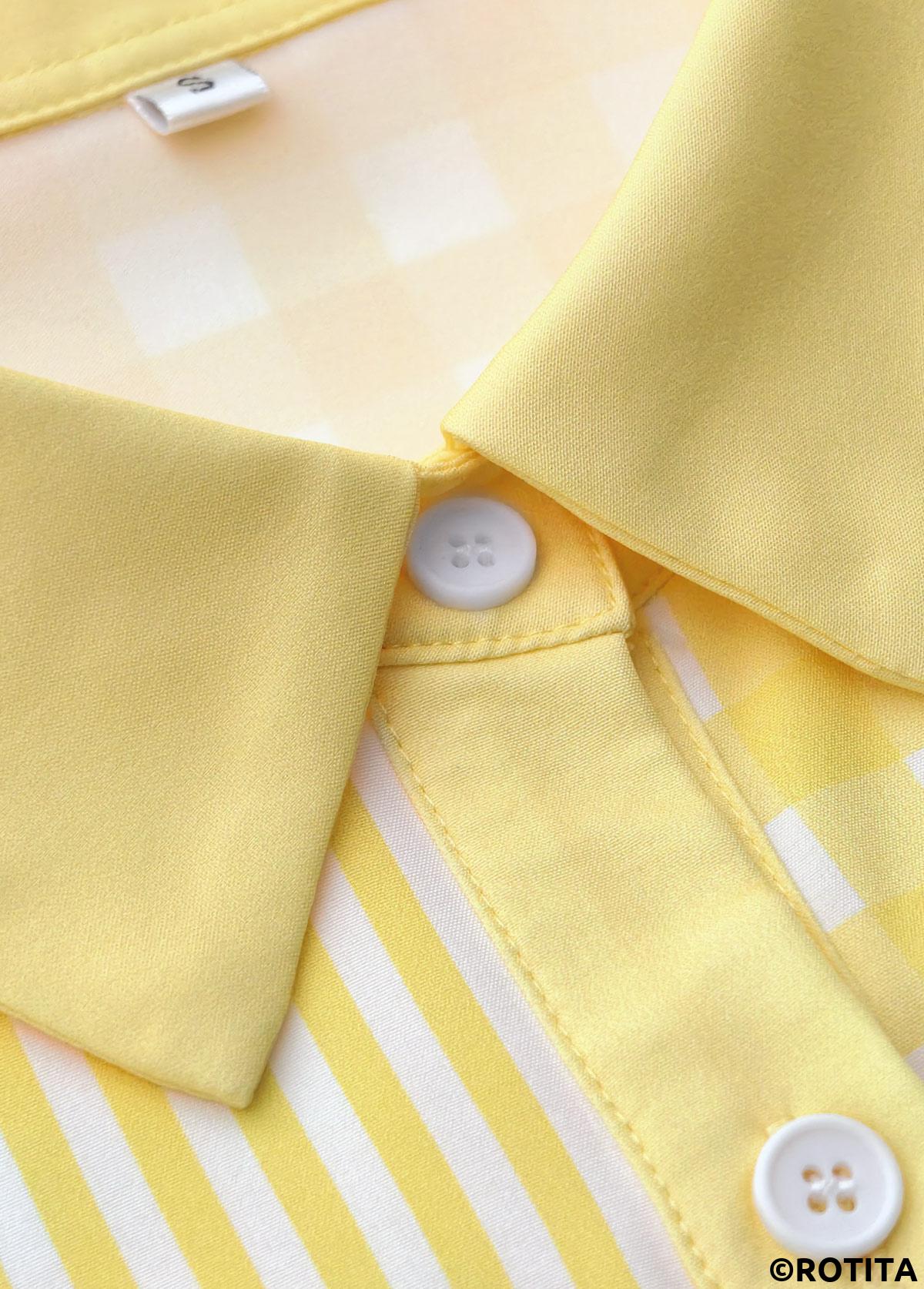 Light Yellow tops,Striped tops,Geometric tops,ROTITA Patchwork Striped Light Yellow Long Sleeve Shirt