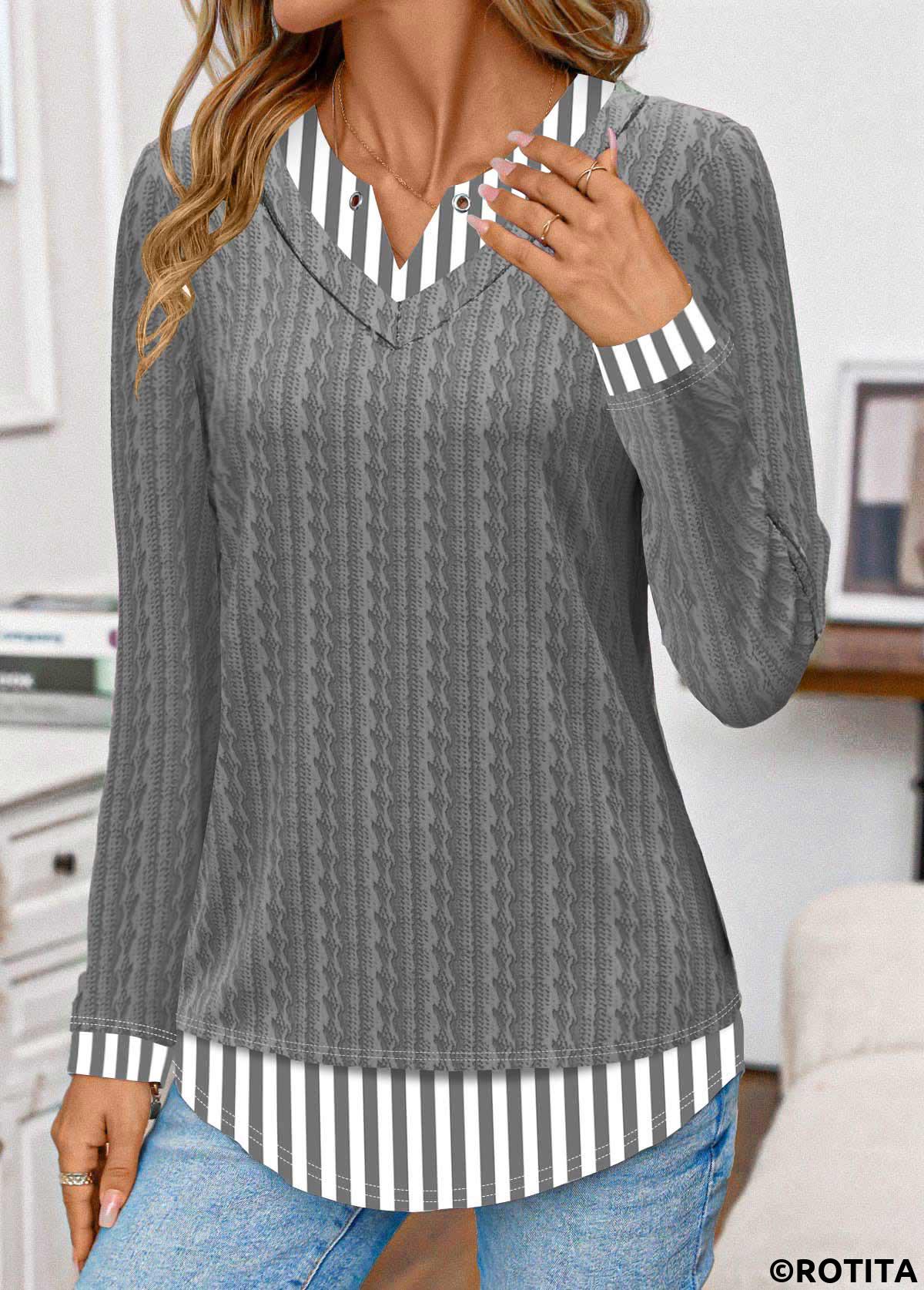 Grey tops,Striped tops,Geometric tops,ROTITA Patchwork Striped Grey Split Neck Fake Two Piece Twinset