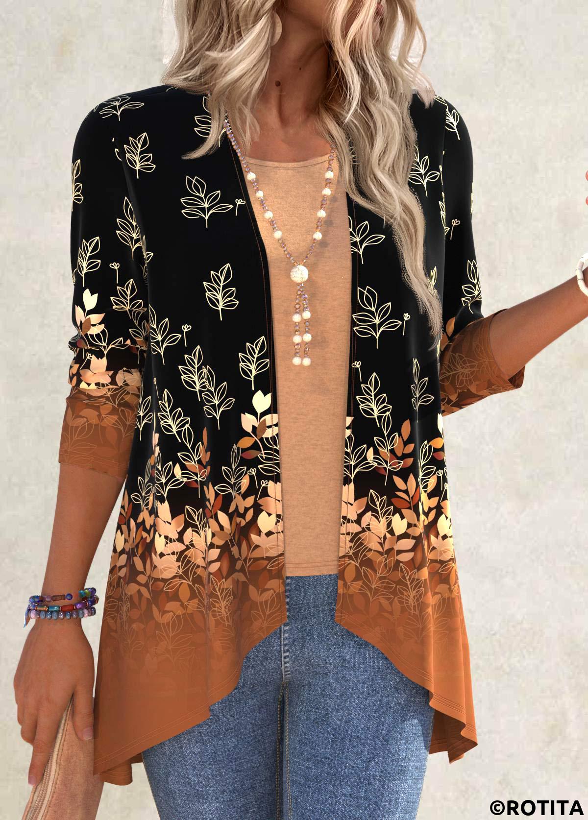 Black plus size,Plants plus size,Ombre plus size,ROTITA Plus Size Ruffle Black Leaf Print Light Cardigan