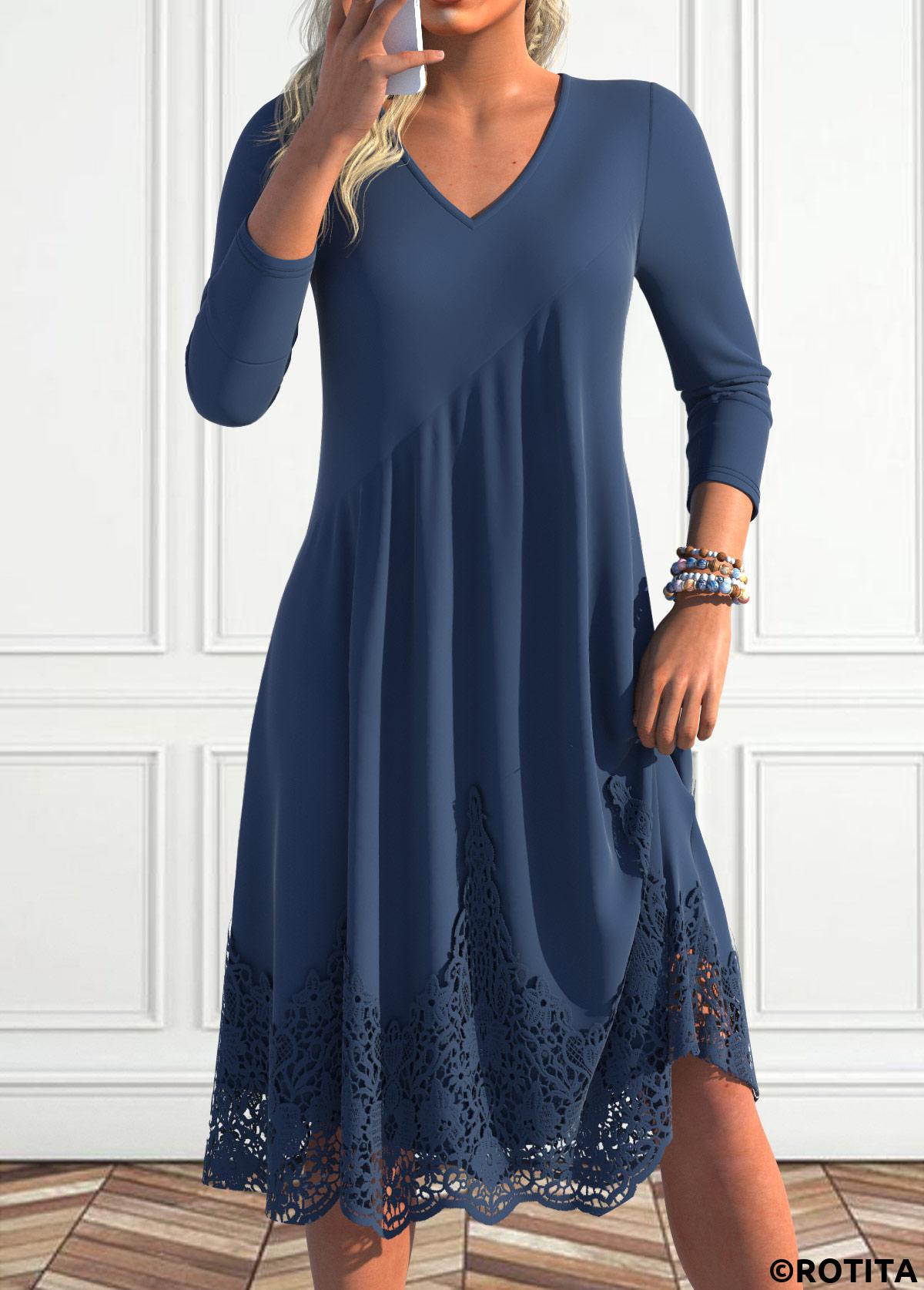 Navy dresses,Plain Color dresses,Everyday dresses,Casual dresses,ROTITA Lace Navy A Line V Neck Long Sleeve Dress