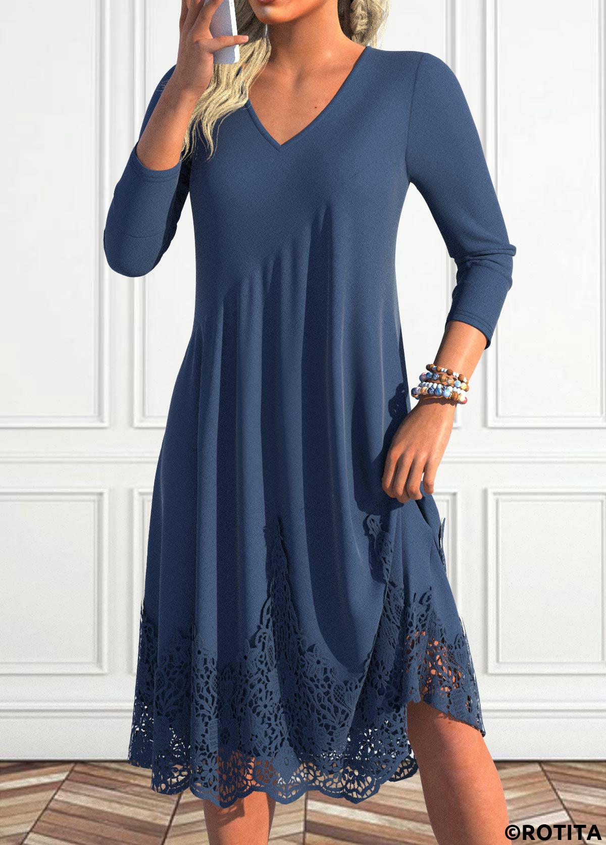 Navy dresses,Plain Color dresses,Everyday dresses,Casual dresses,ROTITA Lace Navy A Line V Neck Long Sleeve Dress
