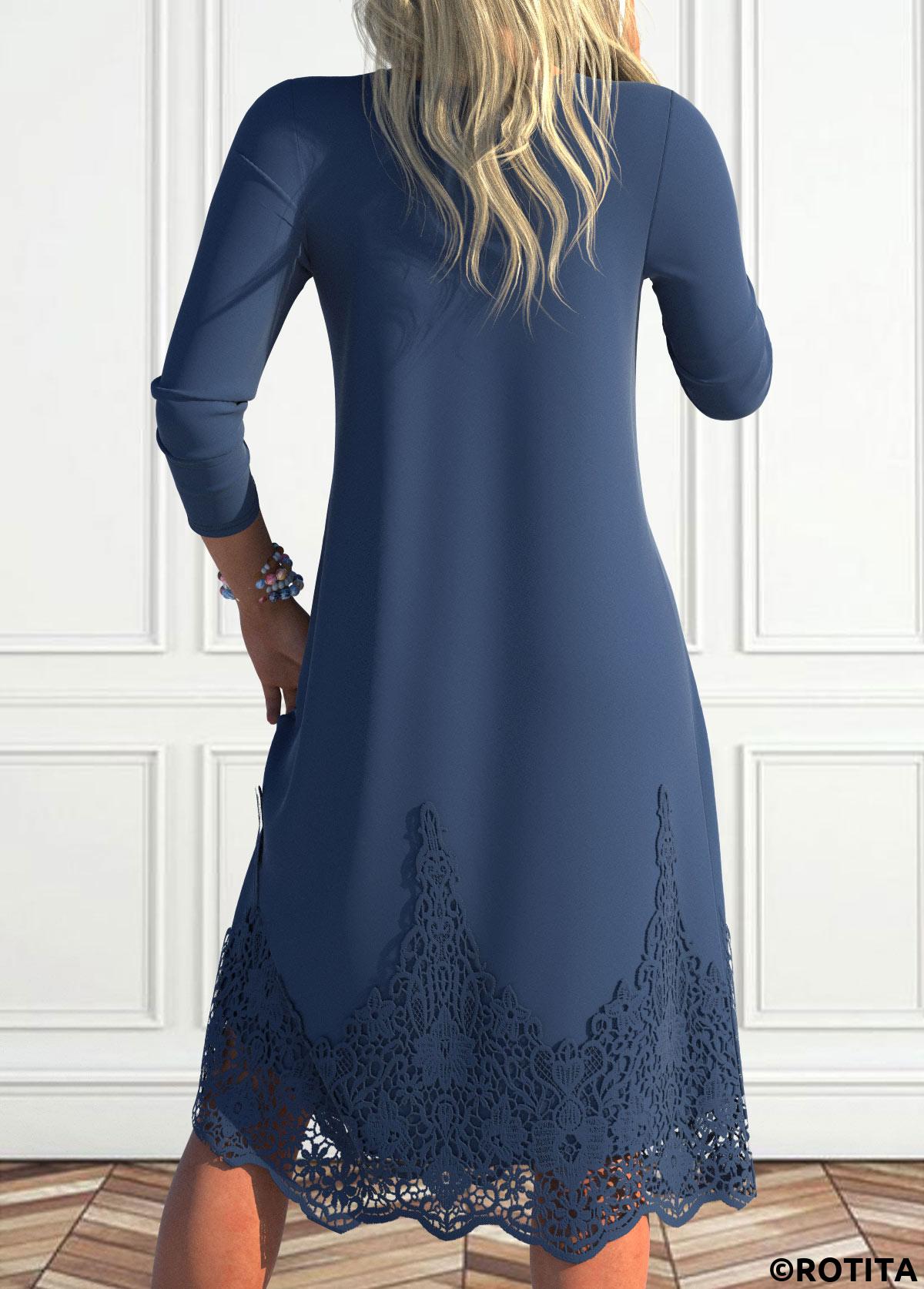 Navy dresses,Plain Color dresses,Everyday dresses,Casual dresses,ROTITA Lace Navy A Line V Neck Long Sleeve Dress