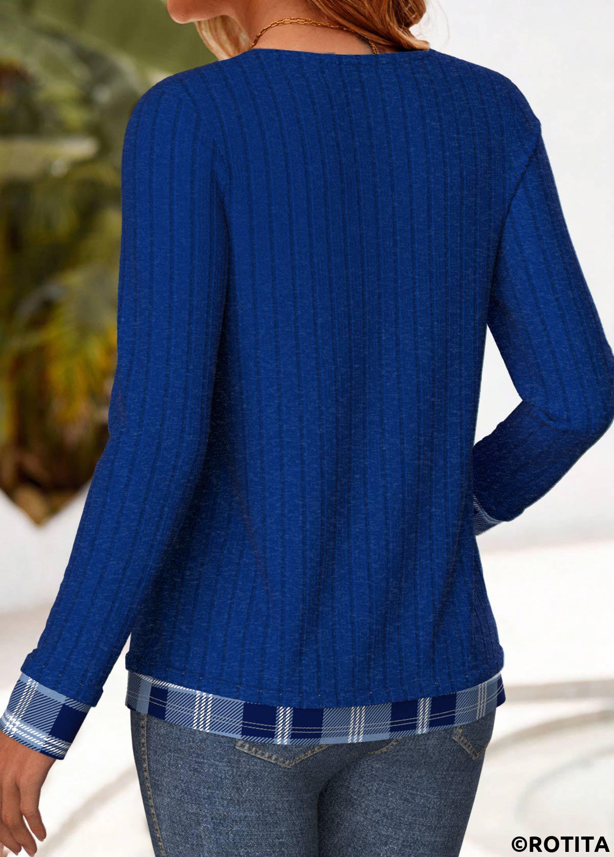 Blue tops,Plaid tops,Striped tops,Geometric tops,ROTITA Button Plaid Blue Fake Two Piece Twinset