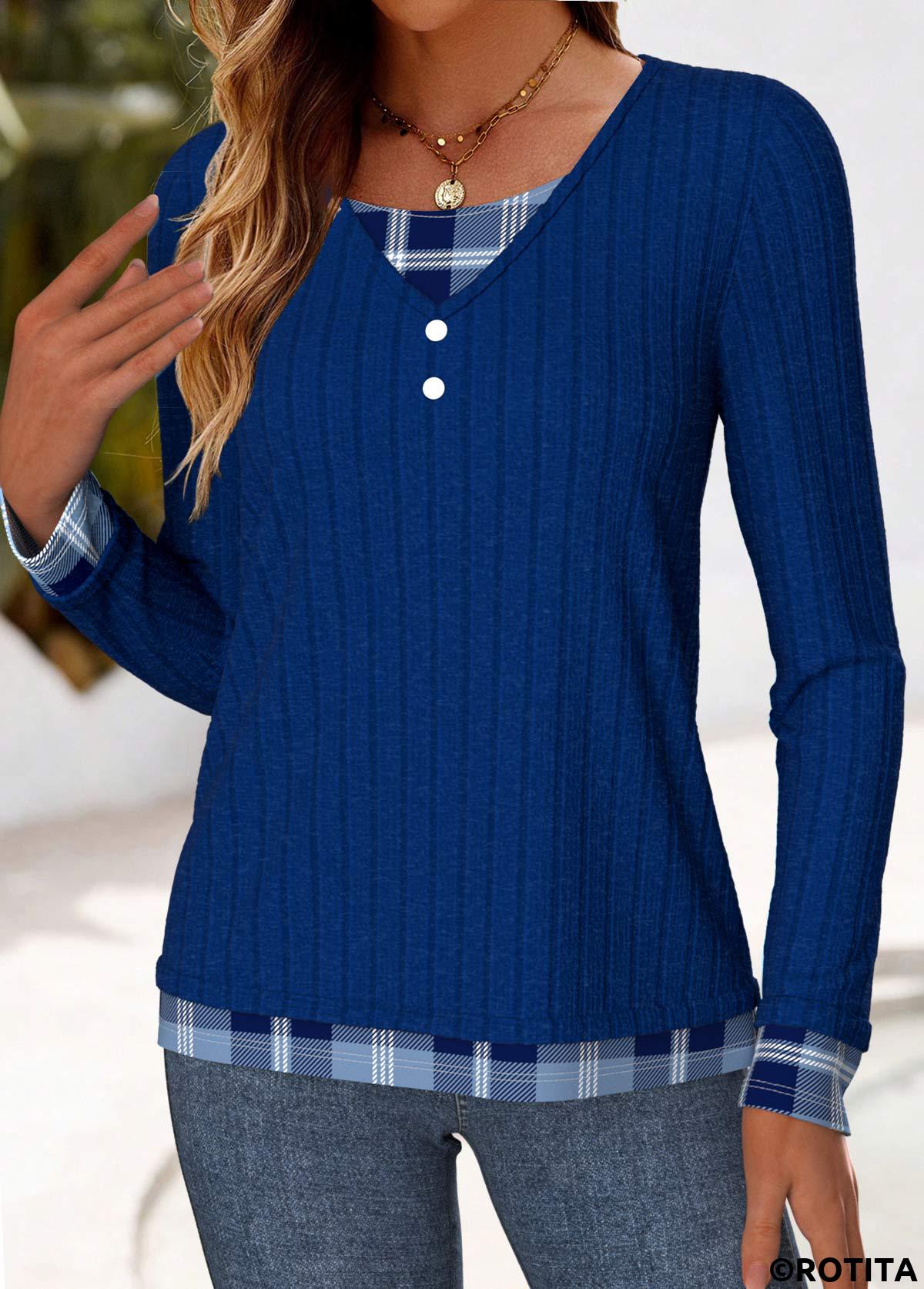 Blue tops,Plaid tops,Striped tops,Geometric tops,ROTITA Button Plaid Blue Fake Two Piece Twinset