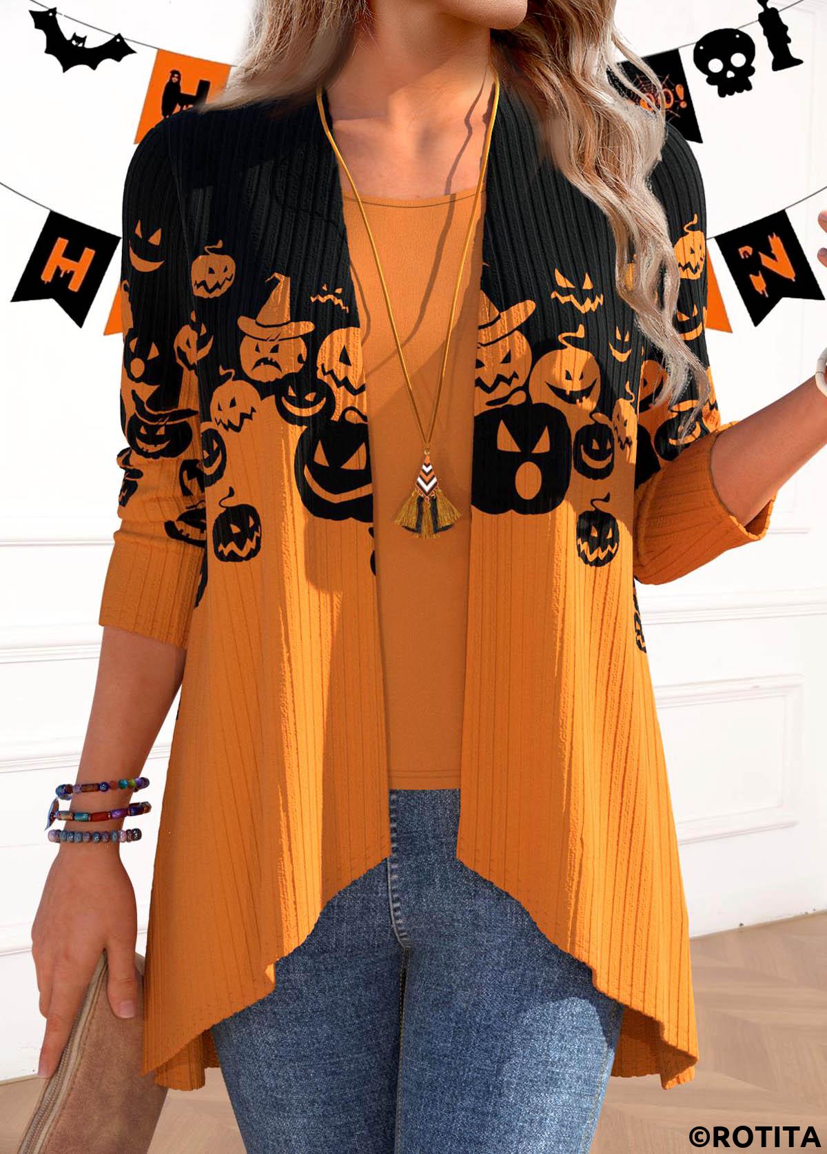 Black tops,Terracotta tops,Halloween tops,ROTITA Black Long Sleeve Halloween Light Cardigan