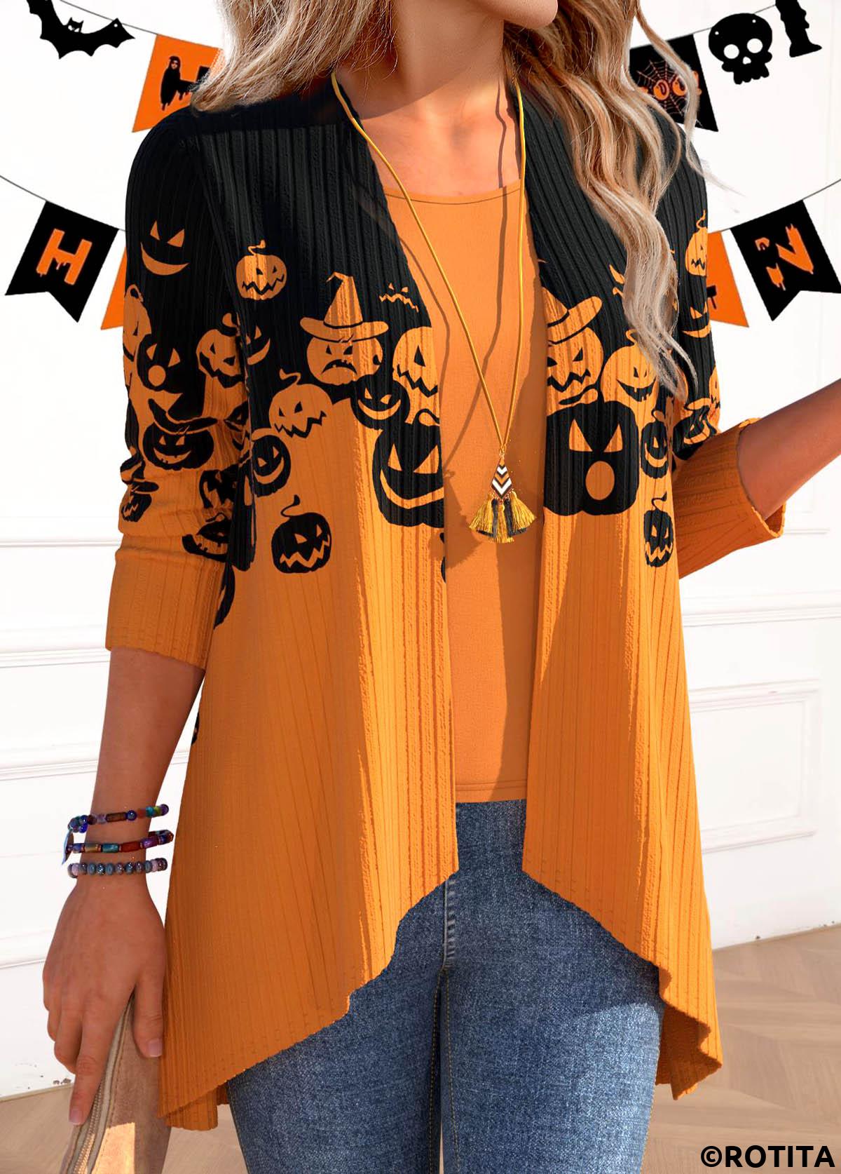 Black tops,Terracotta tops,Halloween tops,ROTITA Black Long Sleeve Halloween Light Cardigan