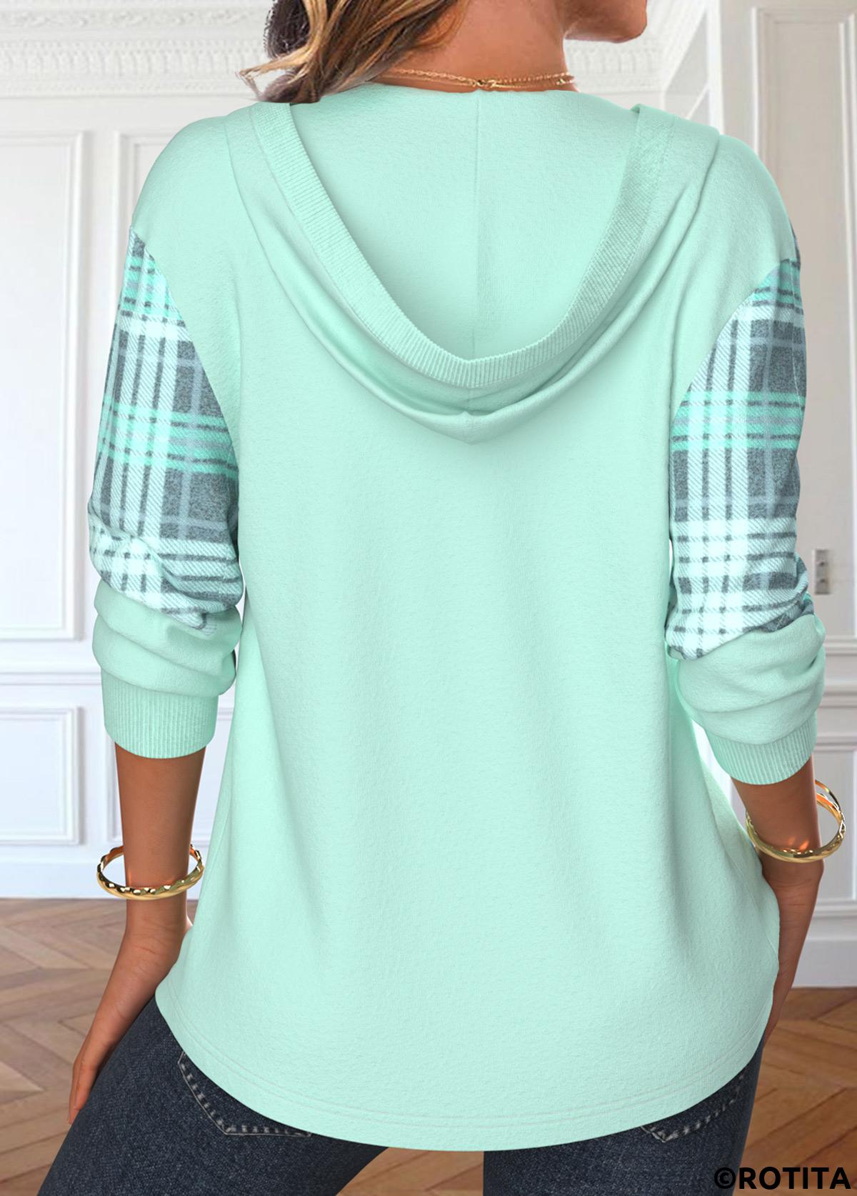Light Green tops,Plaid tops,ROTITA Patchwork Plaid Light Green Long Sleeve Hoodie