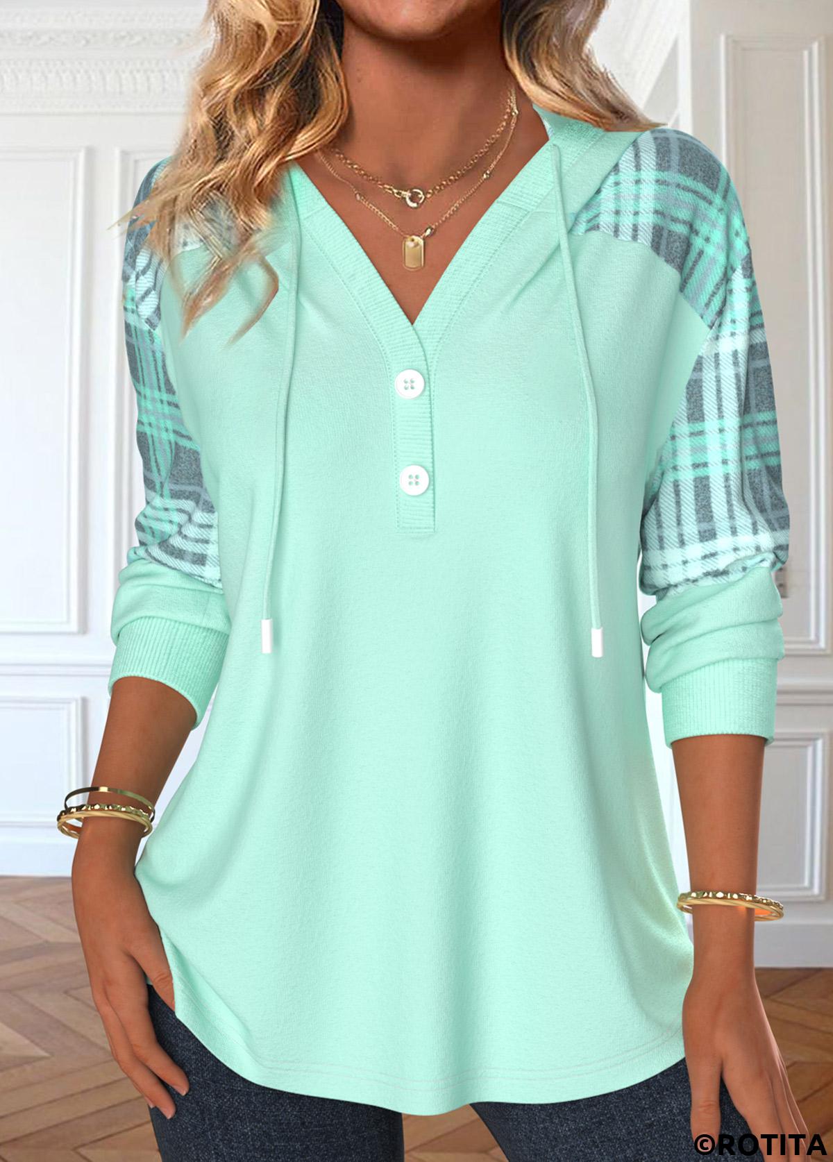Light Green tops,Plaid tops,ROTITA Patchwork Plaid Light Green Long Sleeve Hoodie