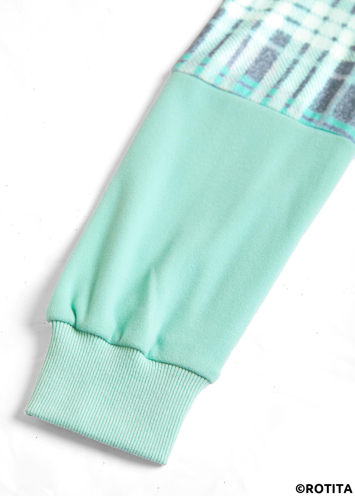 Light Green tops,Plaid tops,ROTITA Patchwork Plaid Light Green Long Sleeve Hoodie
