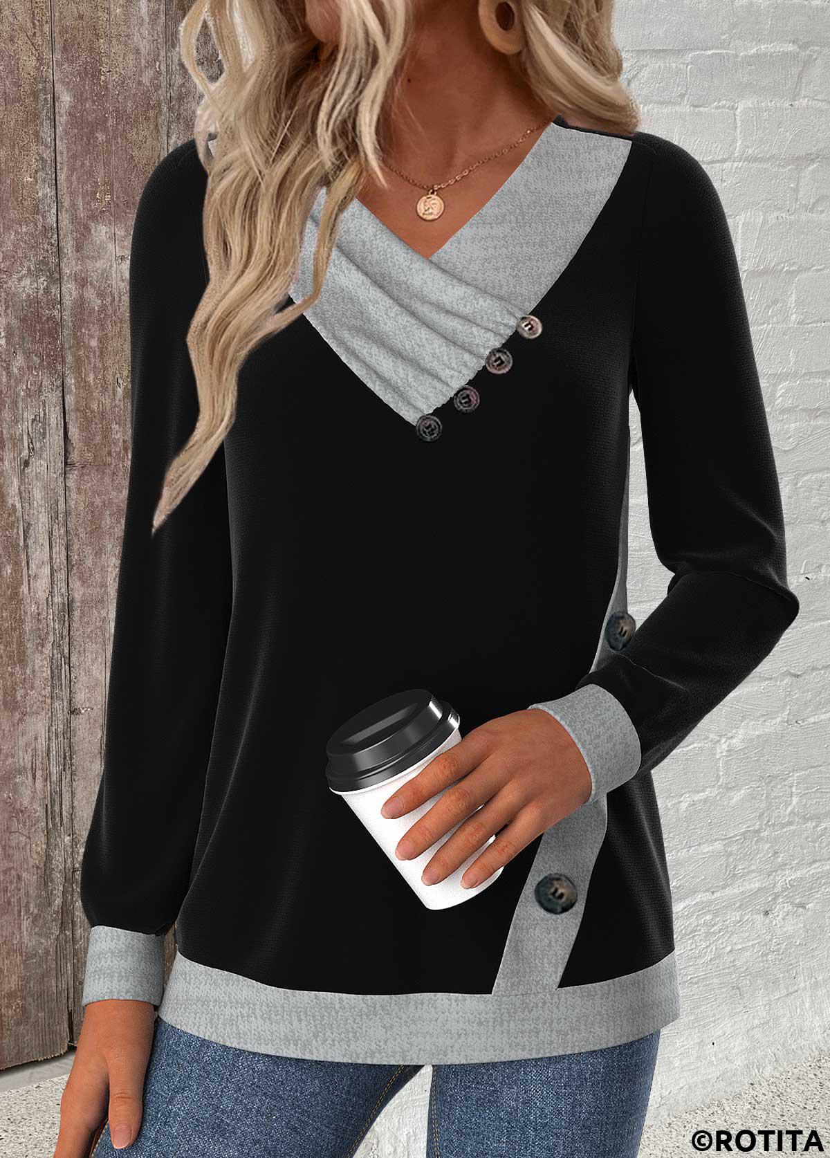 Black tops,Contrast Color tops,ROTITA Button Black V Neck Long Sleeve Sweatshirt