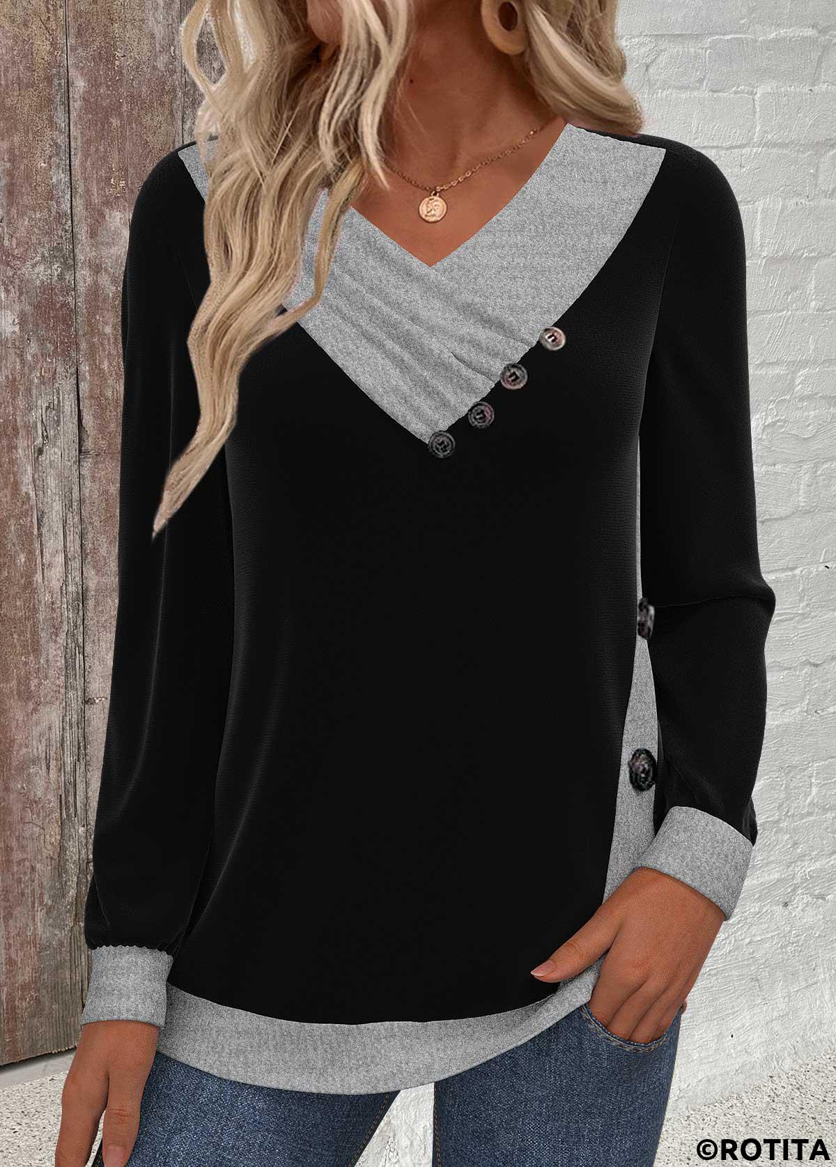 Black tops,Contrast Color tops,ROTITA Button Black V Neck Long Sleeve Sweatshirt