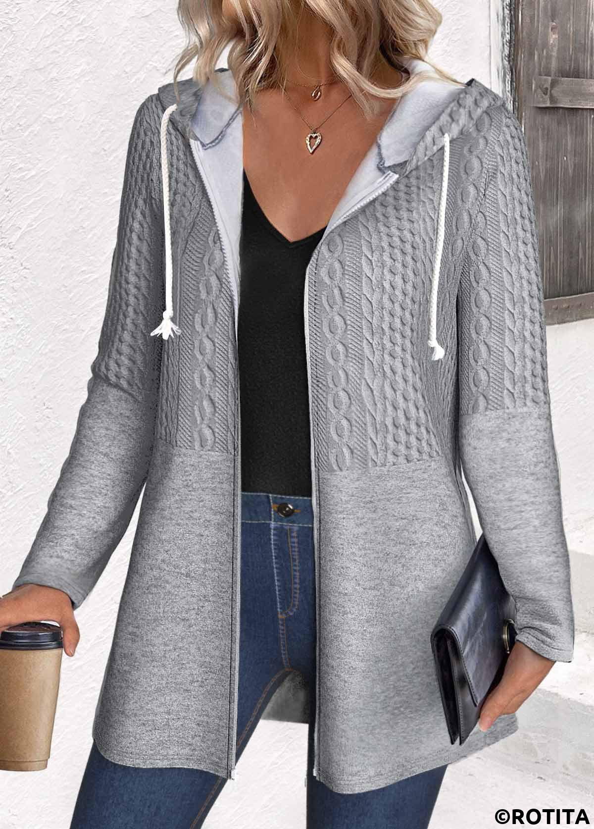 Grey plus size,Plain Color plus size,ROTITA Plus Size Jacquard Grey Hooded Long Sleeve Coat