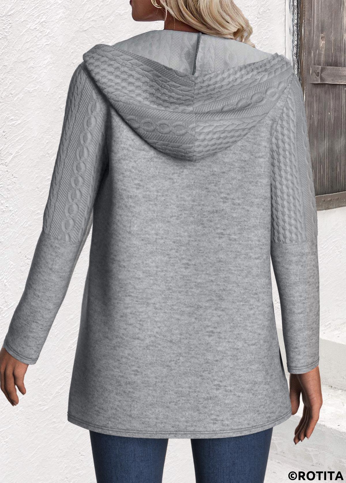 Grey plus size,Plain Color plus size,ROTITA Plus Size Jacquard Grey Hooded Long Sleeve Coat