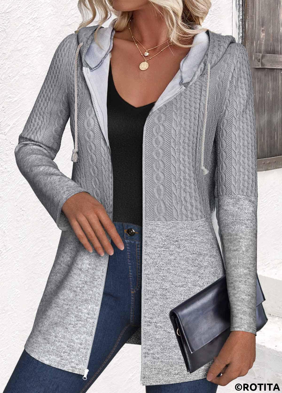 Grey plus size,Plain Color plus size,ROTITA Plus Size Jacquard Grey Hooded Long Sleeve Coat