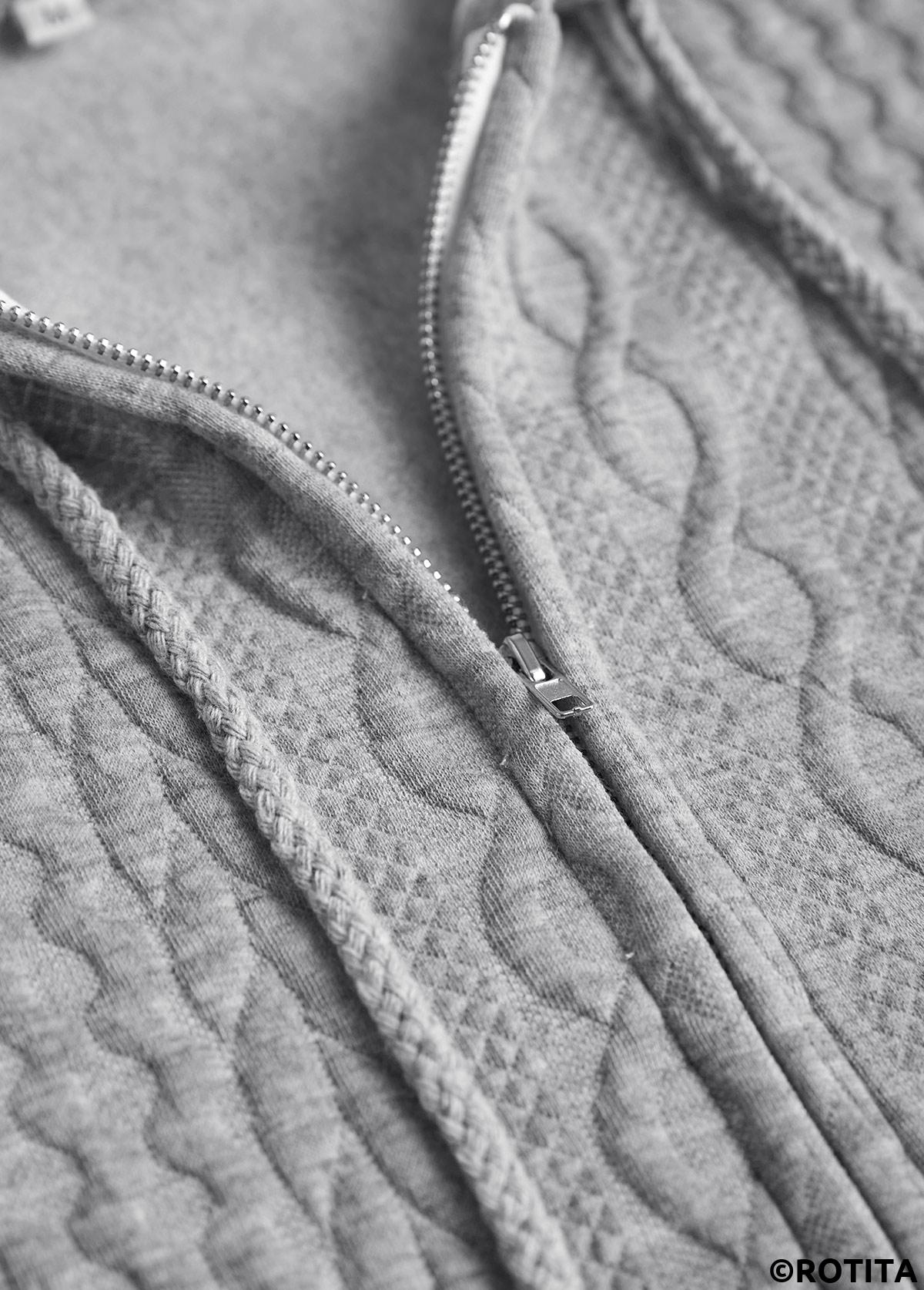Grey plus size,Plain Color plus size,ROTITA Plus Size Jacquard Grey Hooded Long Sleeve Coat