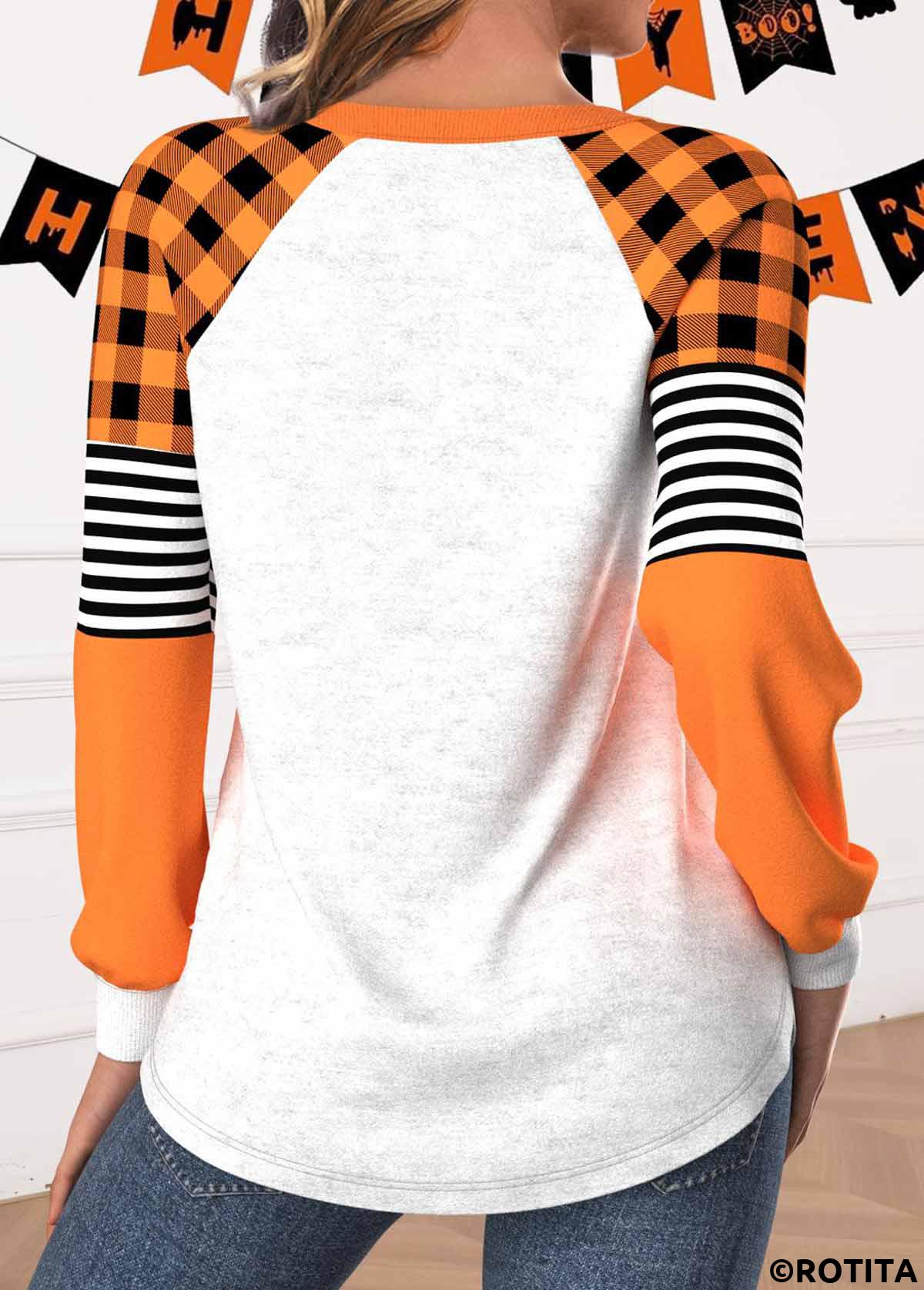 ROTITA Halloween Patchwork Orange Round Neck Long Sleeve Sweatshirt