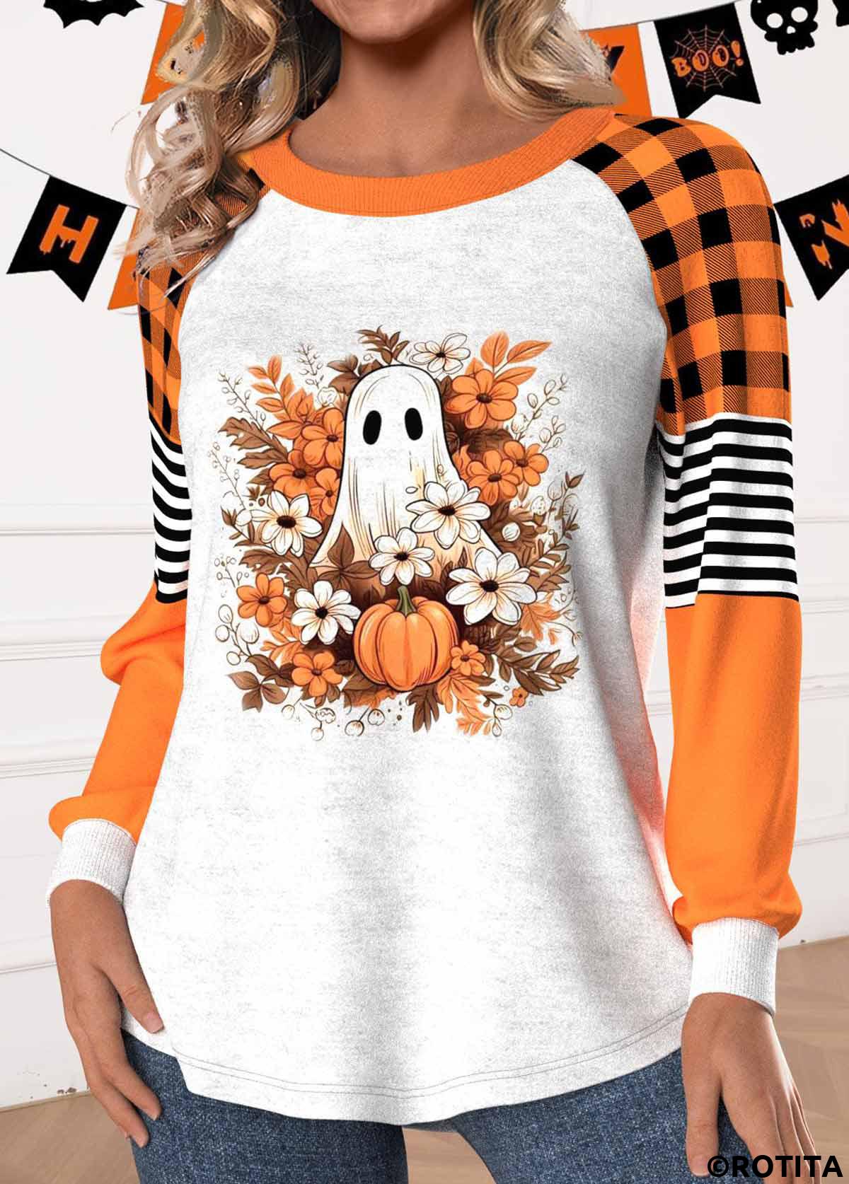 ROTITA Halloween Patchwork Orange Round Neck Long Sleeve Sweatshirt