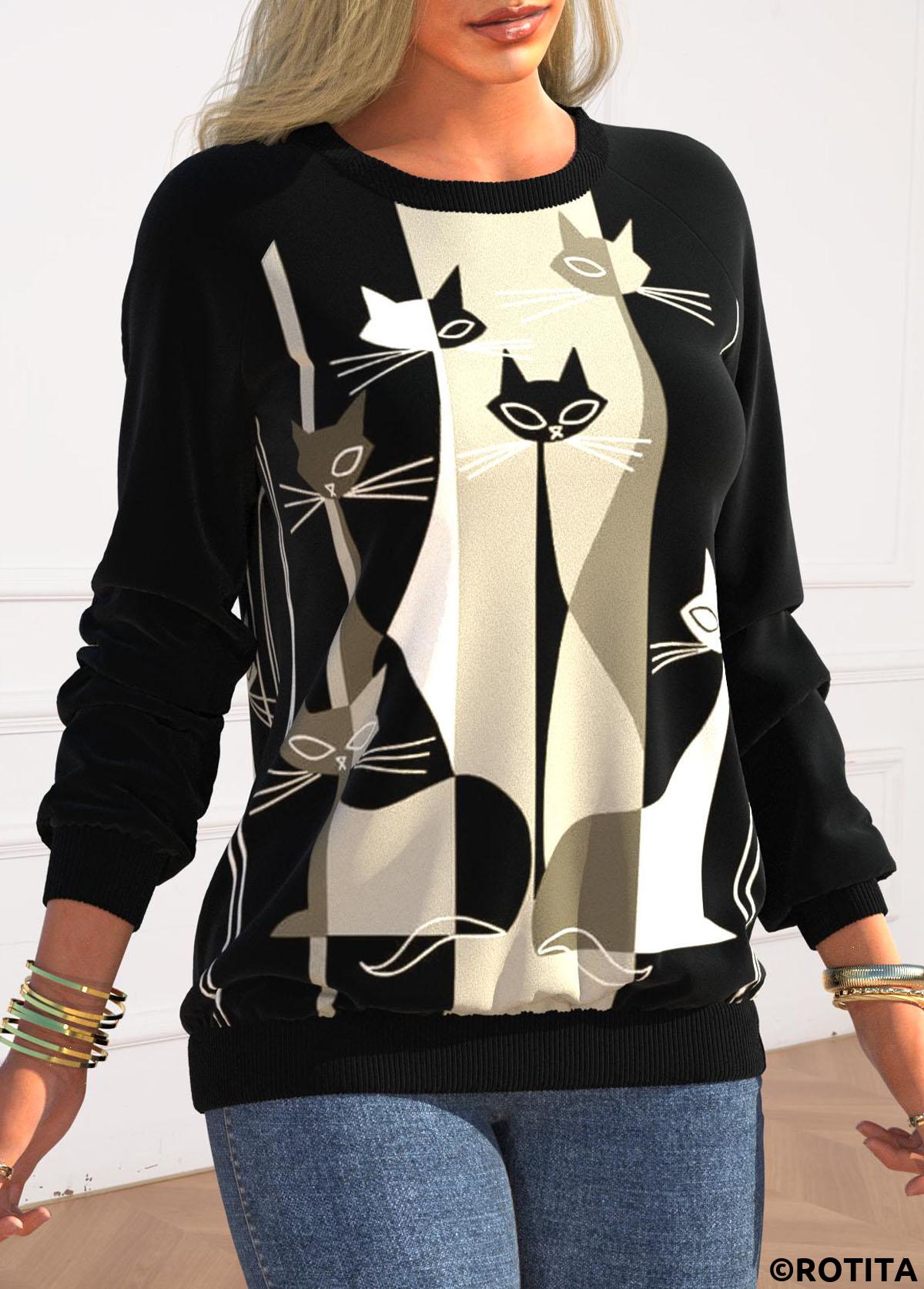 Black tops,Animal Print tops,ROTITA Animal Print Black Round Neck Long Sleeve Sweatshirt