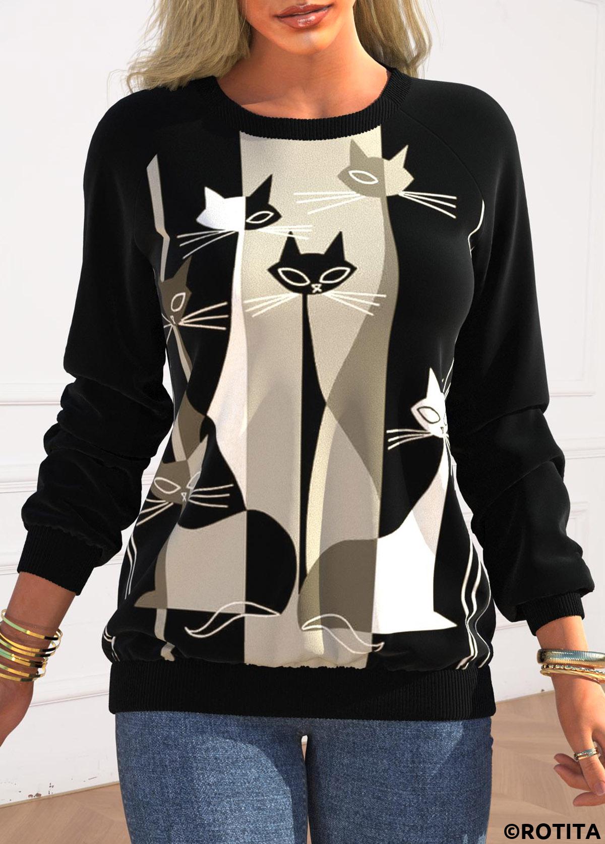 Black tops,Animal Print tops,ROTITA Animal Print Black Round Neck Long Sleeve Sweatshirt